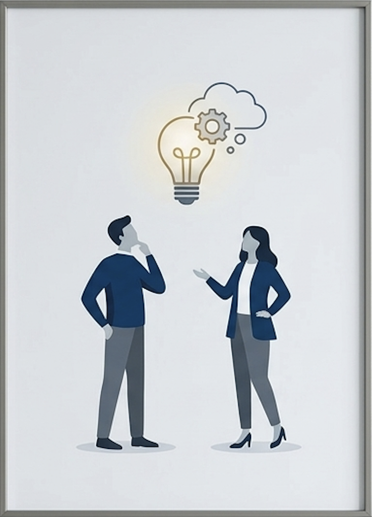 Illustration of a man and woman having a discussion with a lightbulb and gear icon above them, representing ideas or innovation.