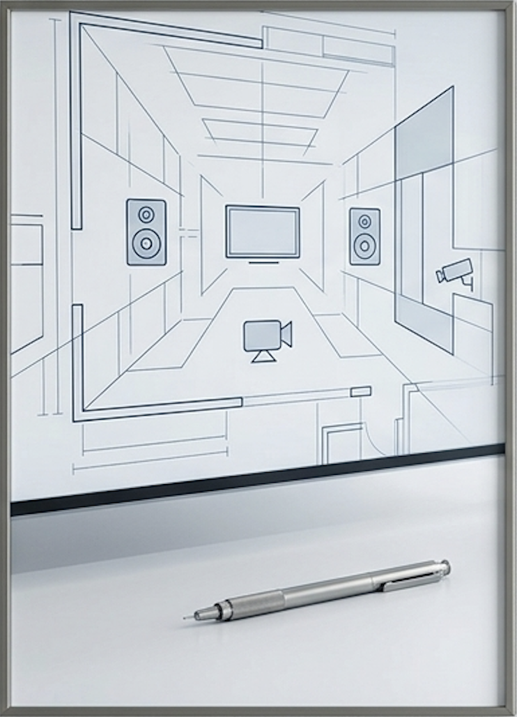 Sketch of a professional recording studio drawing on a whiteboard, with speakers, a monitor, a video camera, and a surveillance camera, and a silver marker pen resting below.