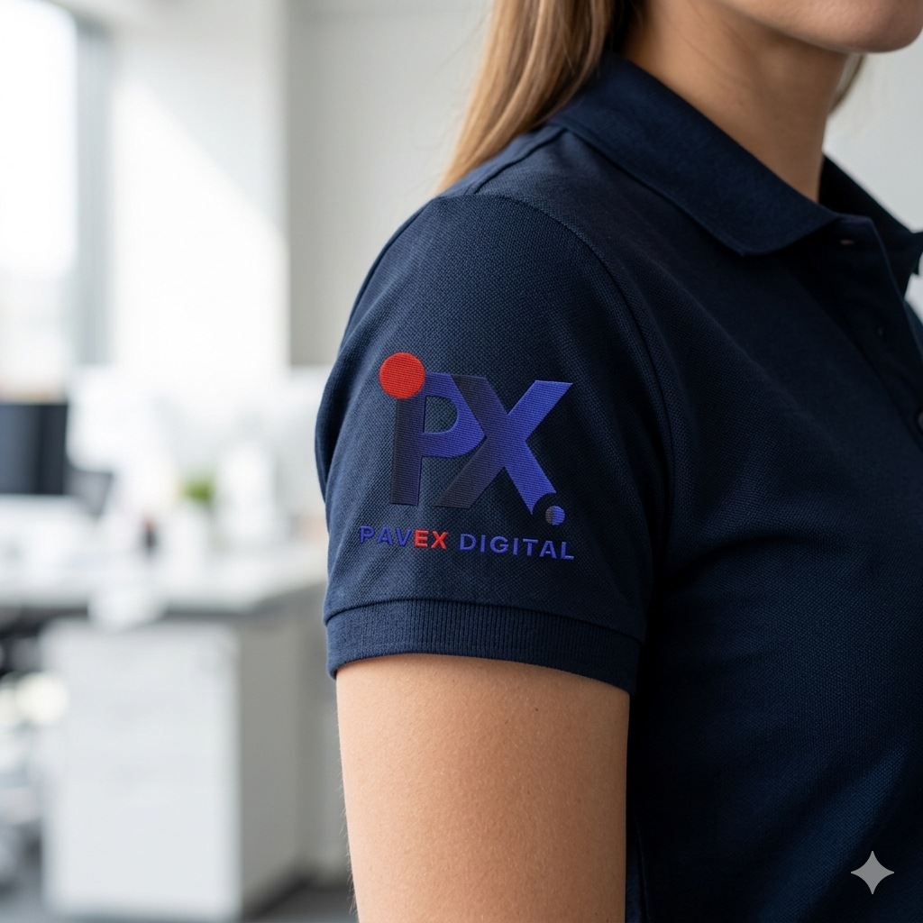 Close-up of a person wearing a navy blue polo shirt with a logo on the sleeve that reads 'PX PAVEX DIGITAL' and a red dot.
