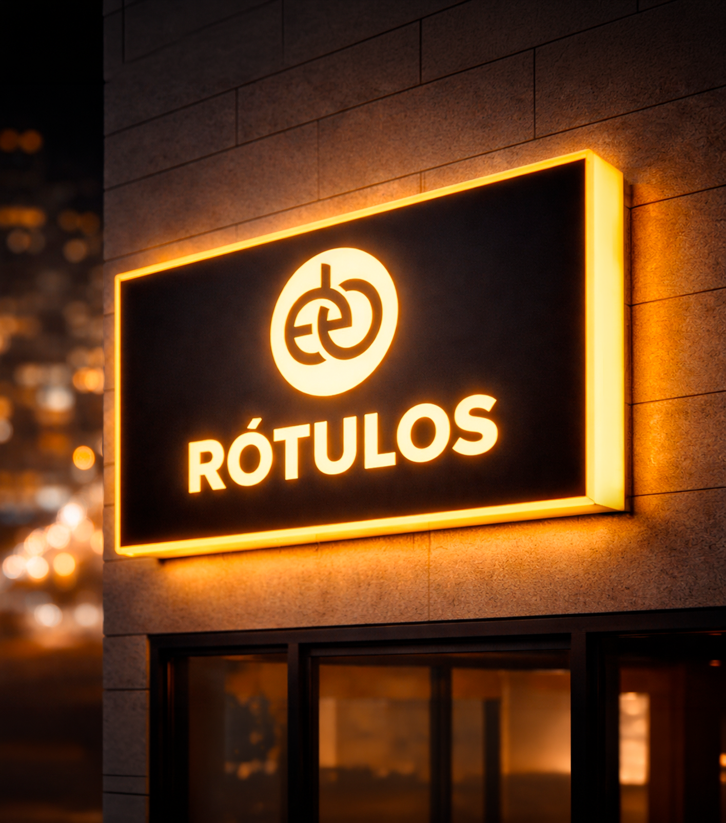 Cartel iluminado en la pared con letras que dicen 'RÓTULOS' y un logotipo encima del texto