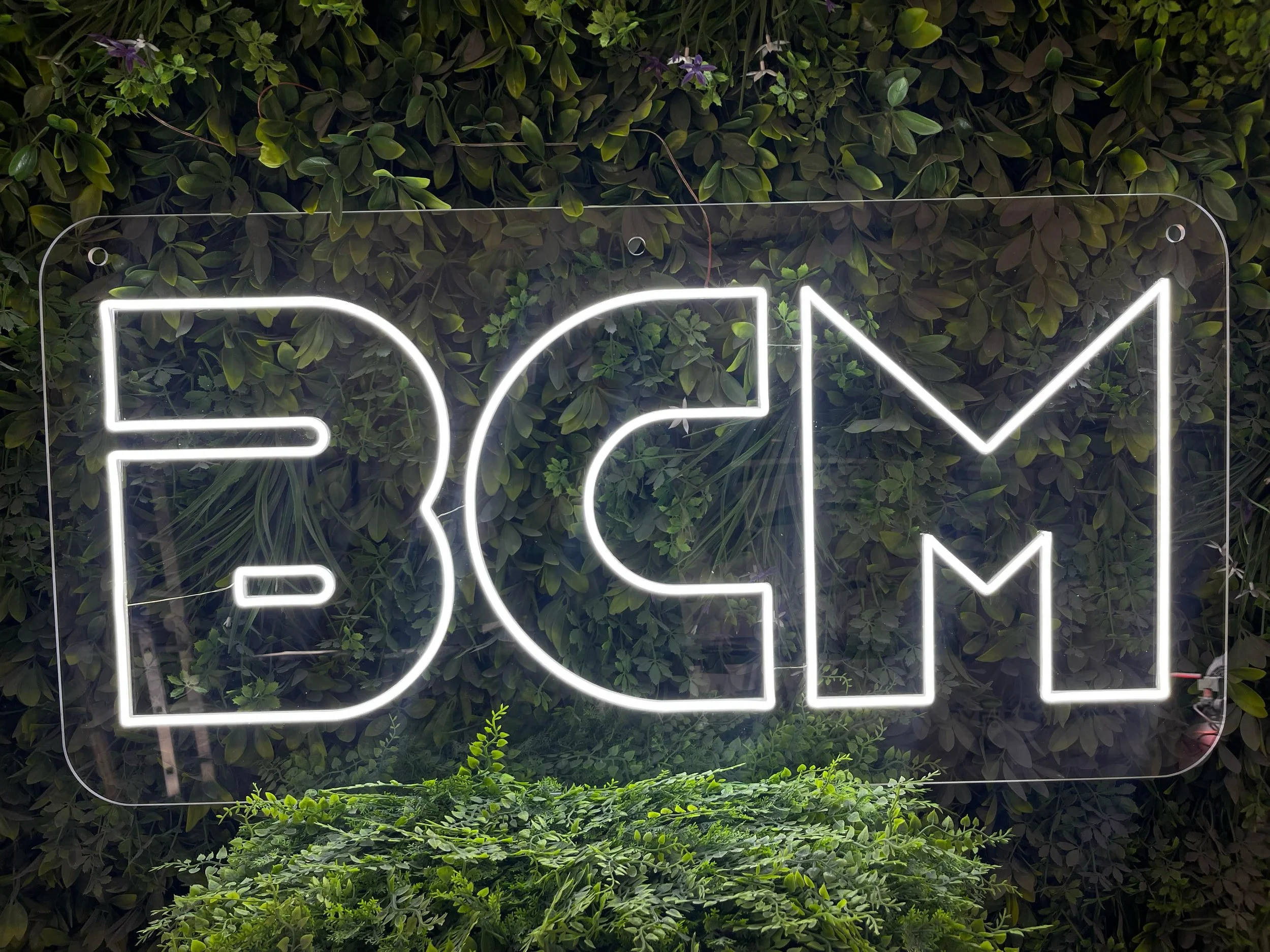 Letras de neón blancas que forman la palabra 'FOM' colocadas frente a un fondo de plantas verdes.