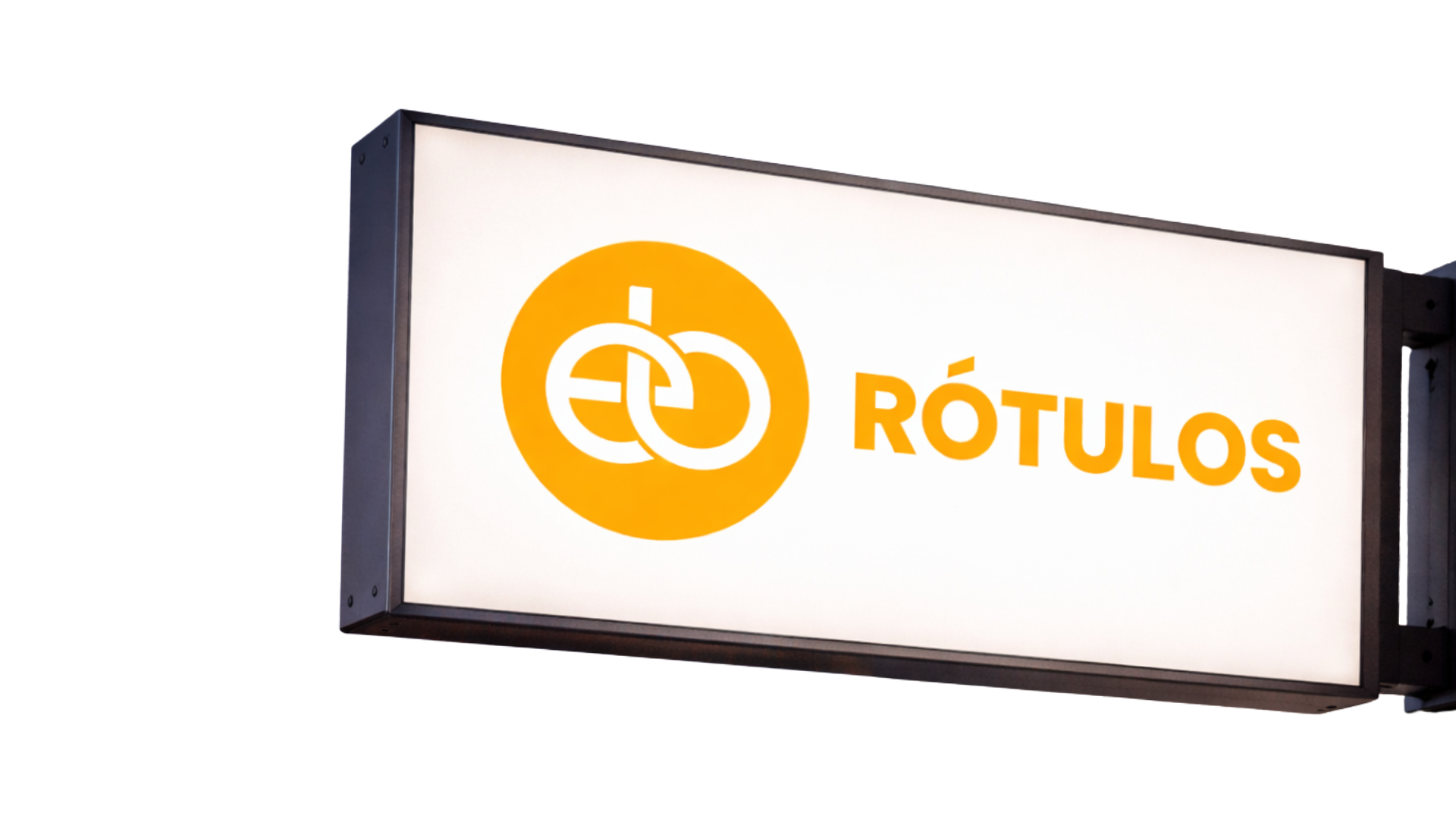 Pancarta iluminada con un símbolo de un reloj y la palabra 'RÓTULOS' en letras naranjas.