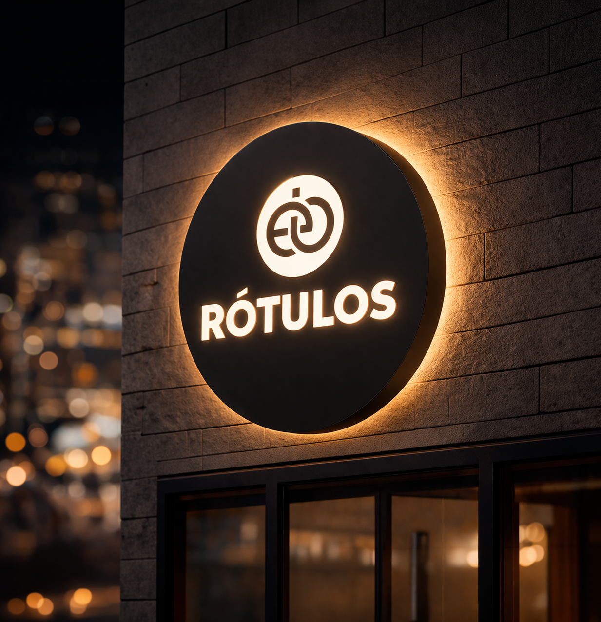 Cartel luminoso en una pared de ladrillos con un símbolo y la palabra 'RÓTULOS' en letras blancas, iluminado por una luz de fondo cálida, en un entorno urbano nocturno.