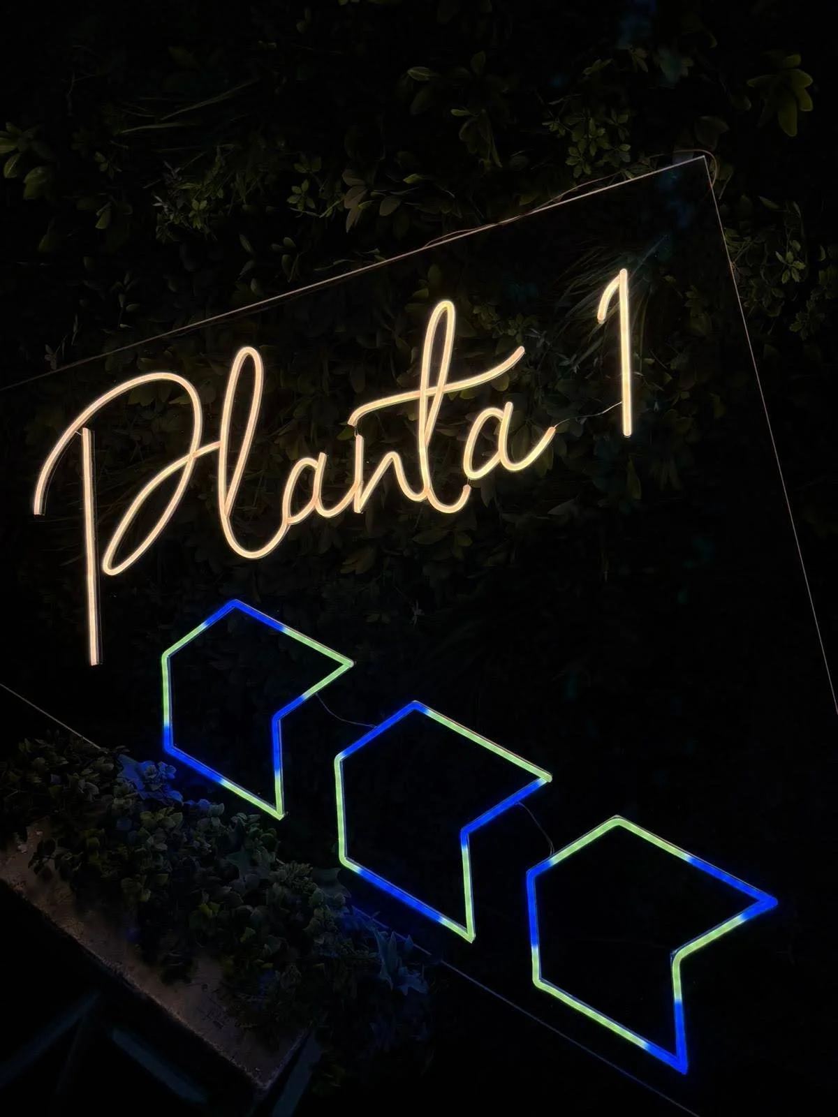 Letras de neón que dicen 'Planta' y figuras geométricas en colores azul y verde.