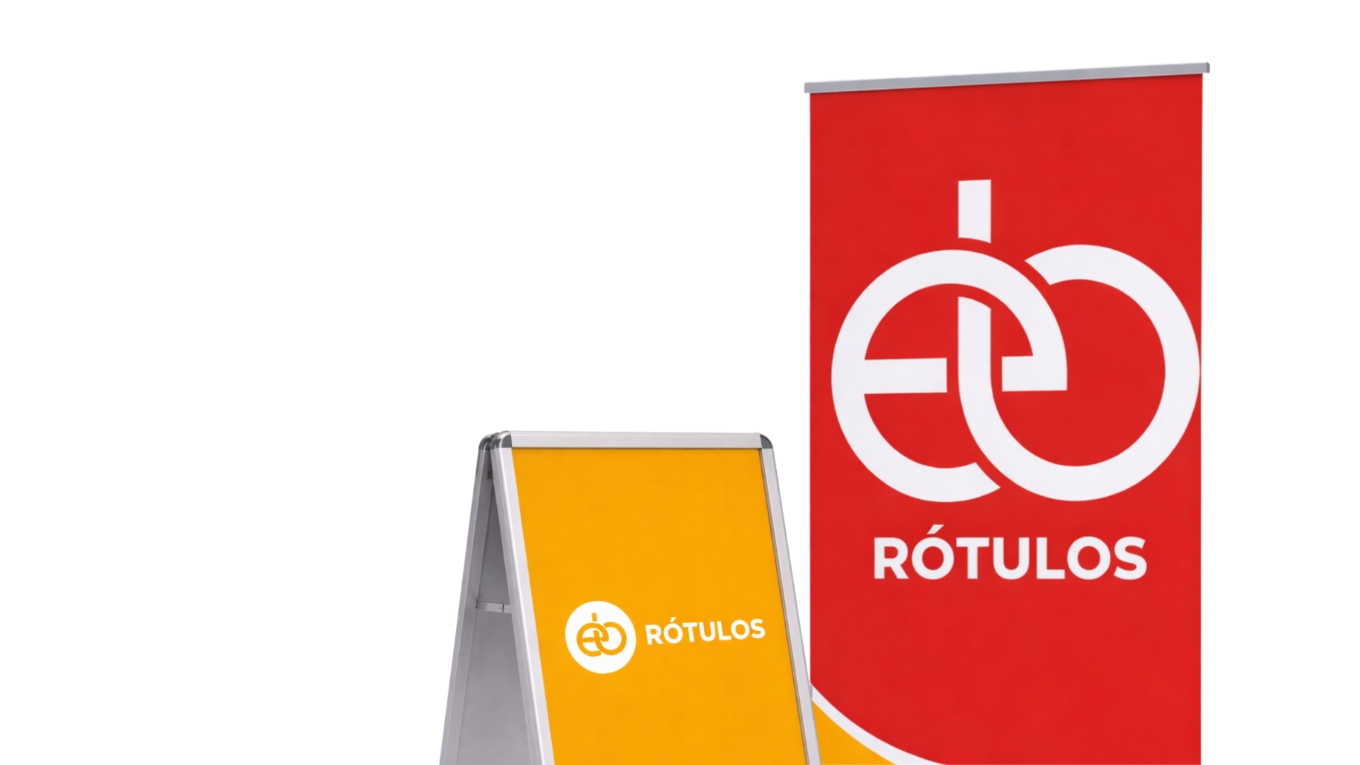 Dos carteles publicitarios con el logo de una marca llamada Rótulos, uno grande rojo y uno más pequeño amarillo, ambos promocionando rótulos.