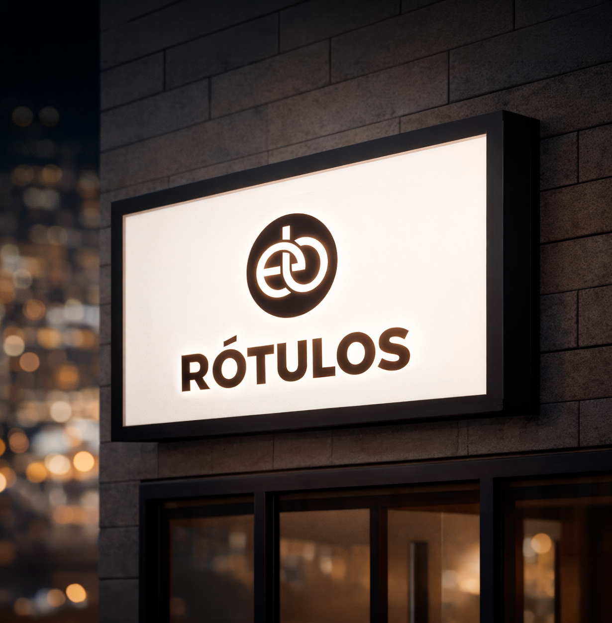 Cartel de luz blanca con logotipo y la palabra 'RÓTULOS' en letras negras.