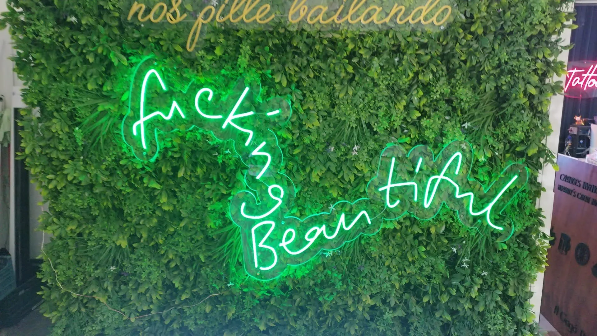 Mural de plantas verdes con cartel de neón en letras verdes y amarillas que dice 'no pole balance' y 'thank you' con corazón