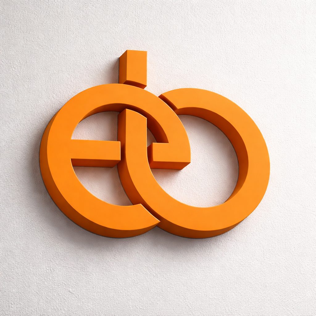 Logo de color naranja en forma de dos enlaces entrelazados sobre una pared blanca.