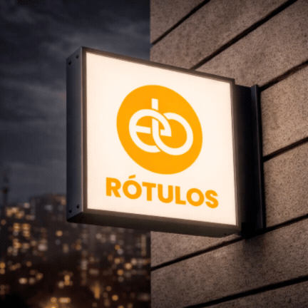 Letrero iluminado con la palabra 'RÓTULOS' y un icono de un candado en un fondo naranja.