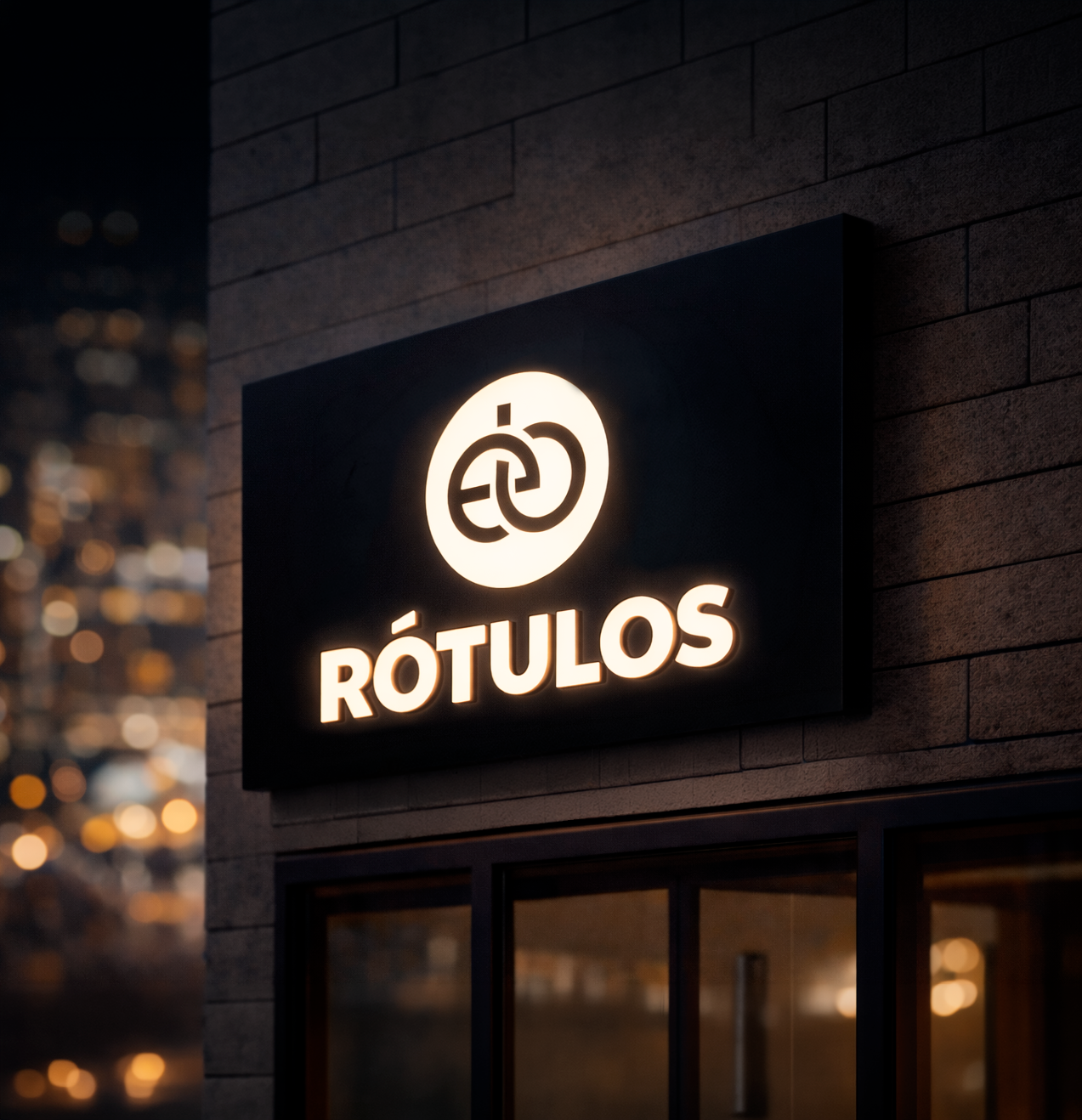 Cartel luminosa con el logo de círculos entrelazados y la palabra 'RÓTULOS' en letras grandes y blancas en una pared de ladrillos en la noche, con luces de ciudad difusas en el fondo.