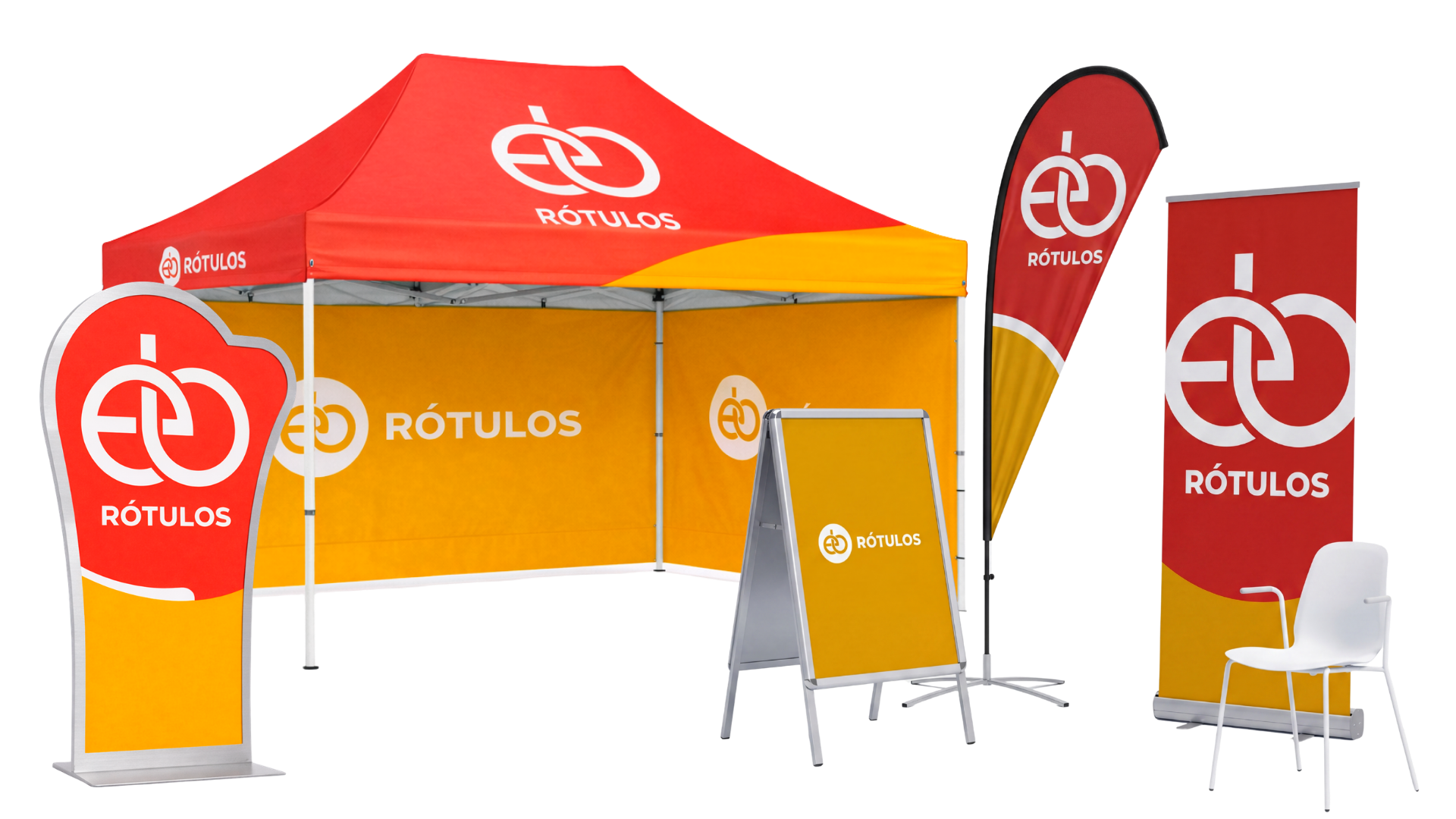 Carpa y señalización promocional para una marca llamada Rótulos, en colores rojo, amarillo y blanco.