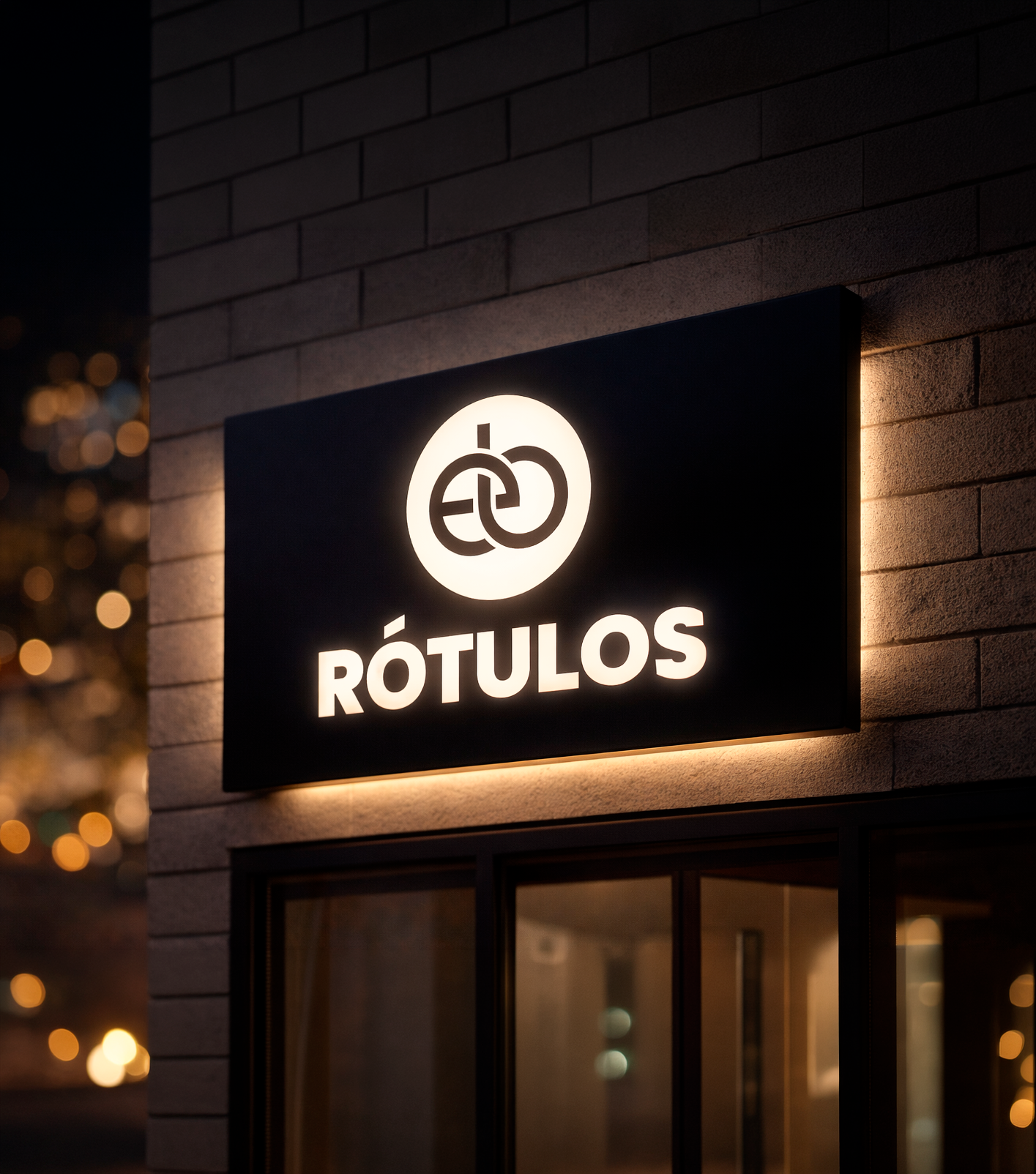 Cartel iluminado que dice 'RÓTULOS' con un logotipo circular con símbolos abstractos.