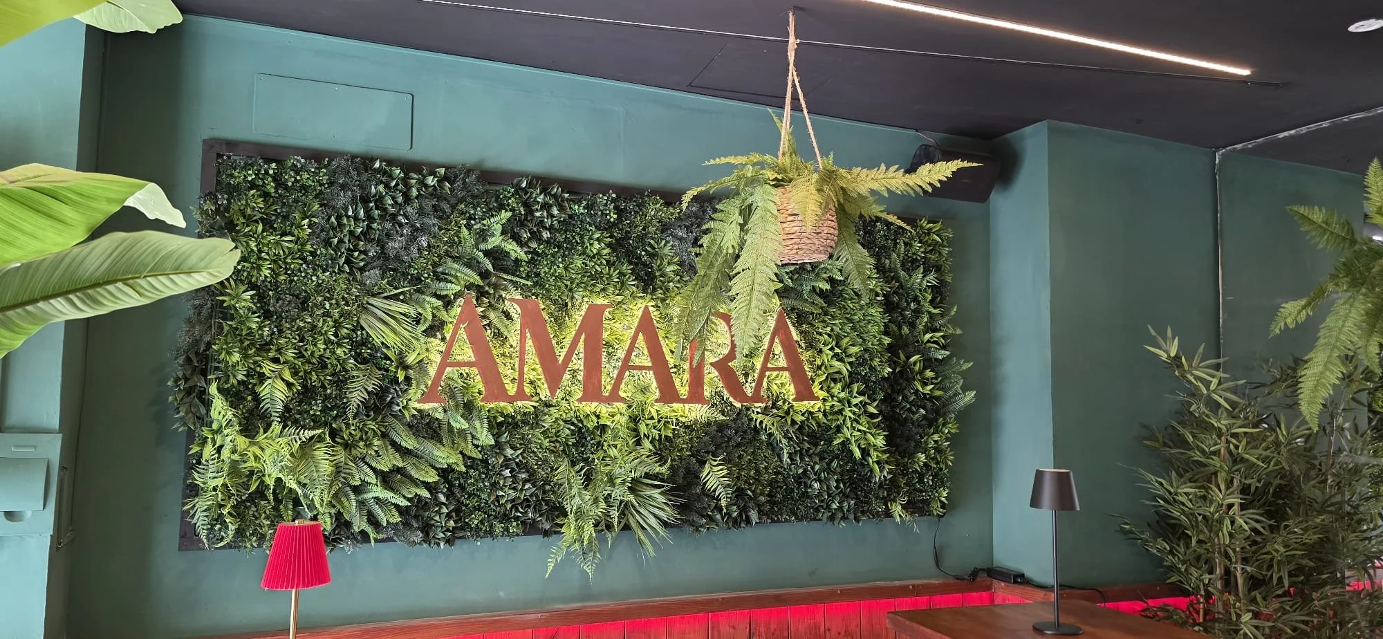 Letras corpóreas en PVC retroiluminadas con fondo de jardín artificial para Amara