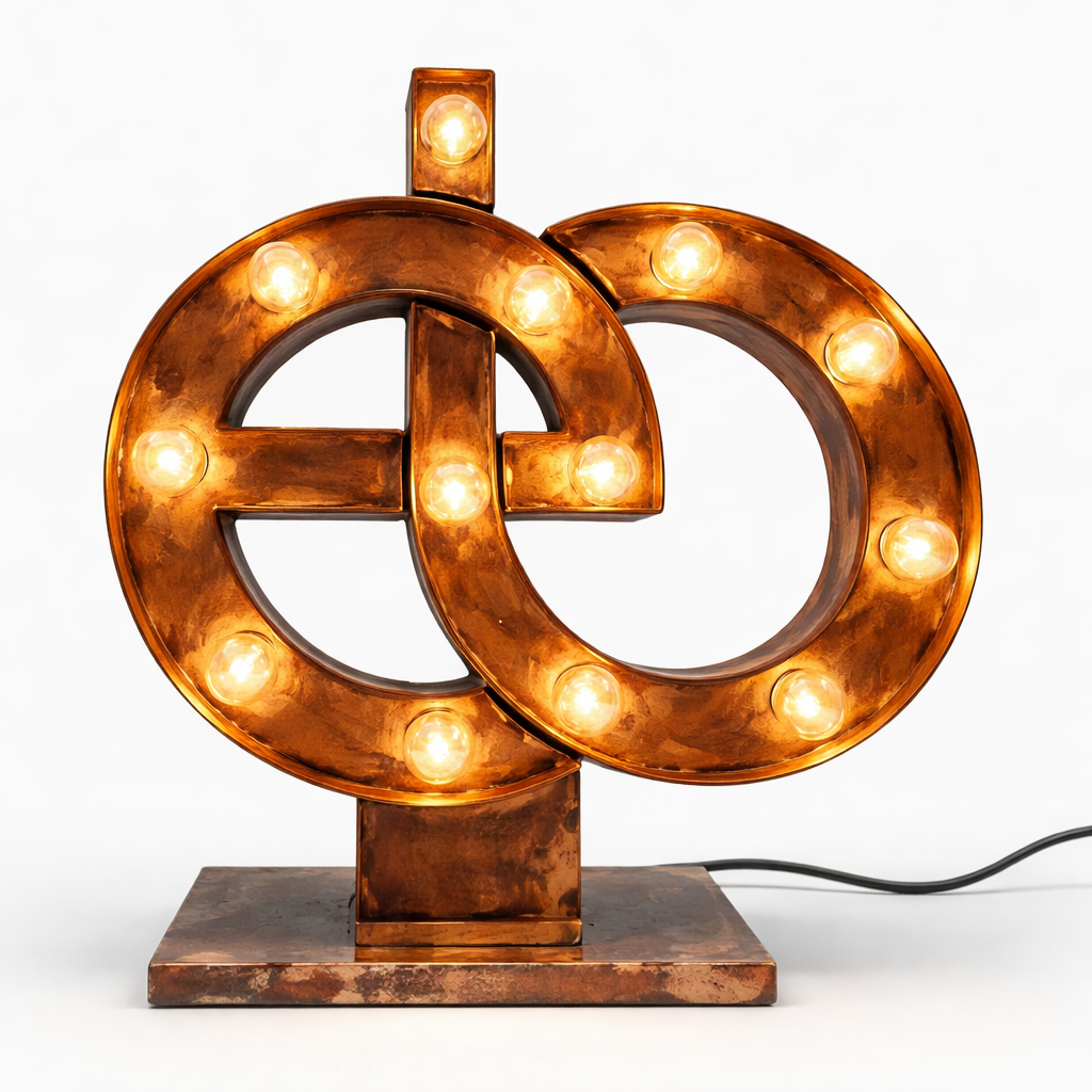 Lámpara decorativa con forma de símbolo de porcentaje, de metal dorado con luces en su interior, sobre base de metal y cable eléctrico
