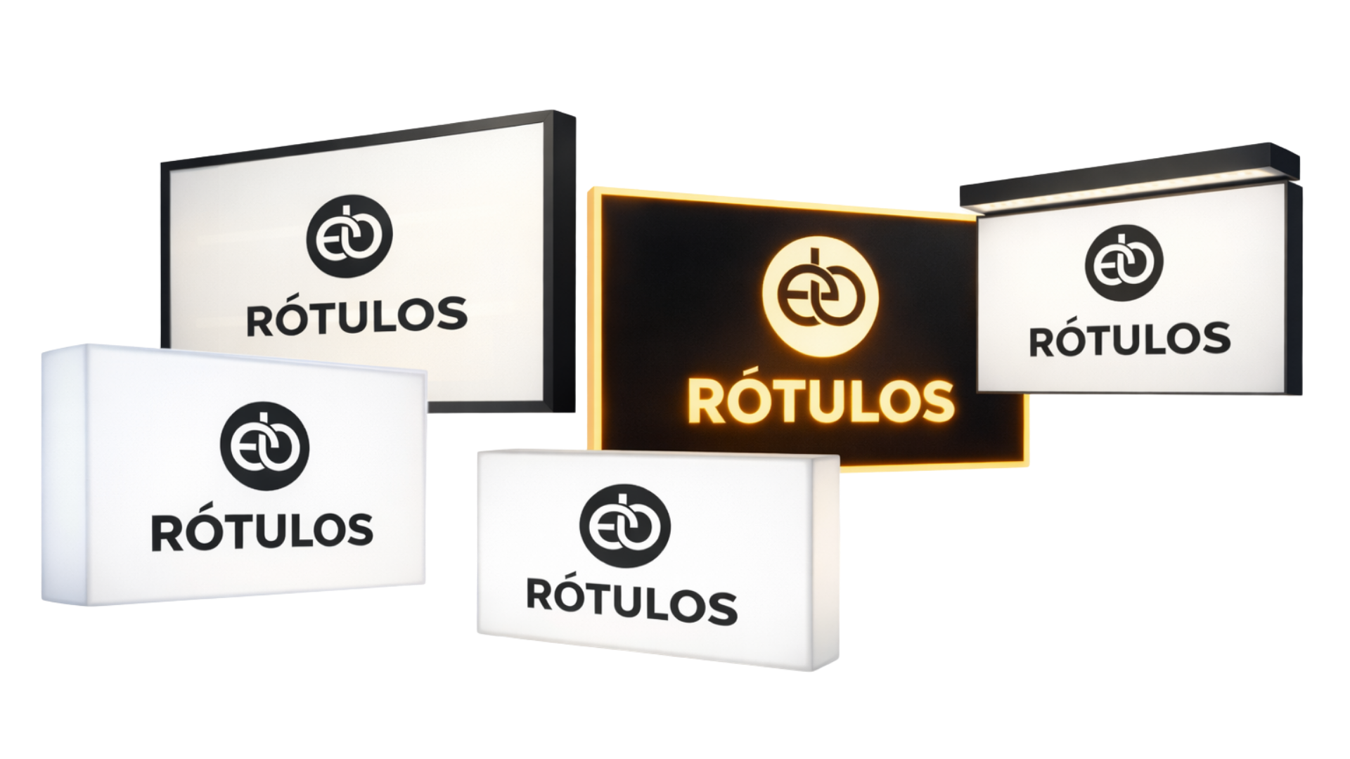 Conjunto de cinco pantallas con logotipo y la palabra 'RÓTULOS', una en color negro con fondo iluminado y las otras en blanco con letras negras, exhibiendo diferentes tamaños y estilos.