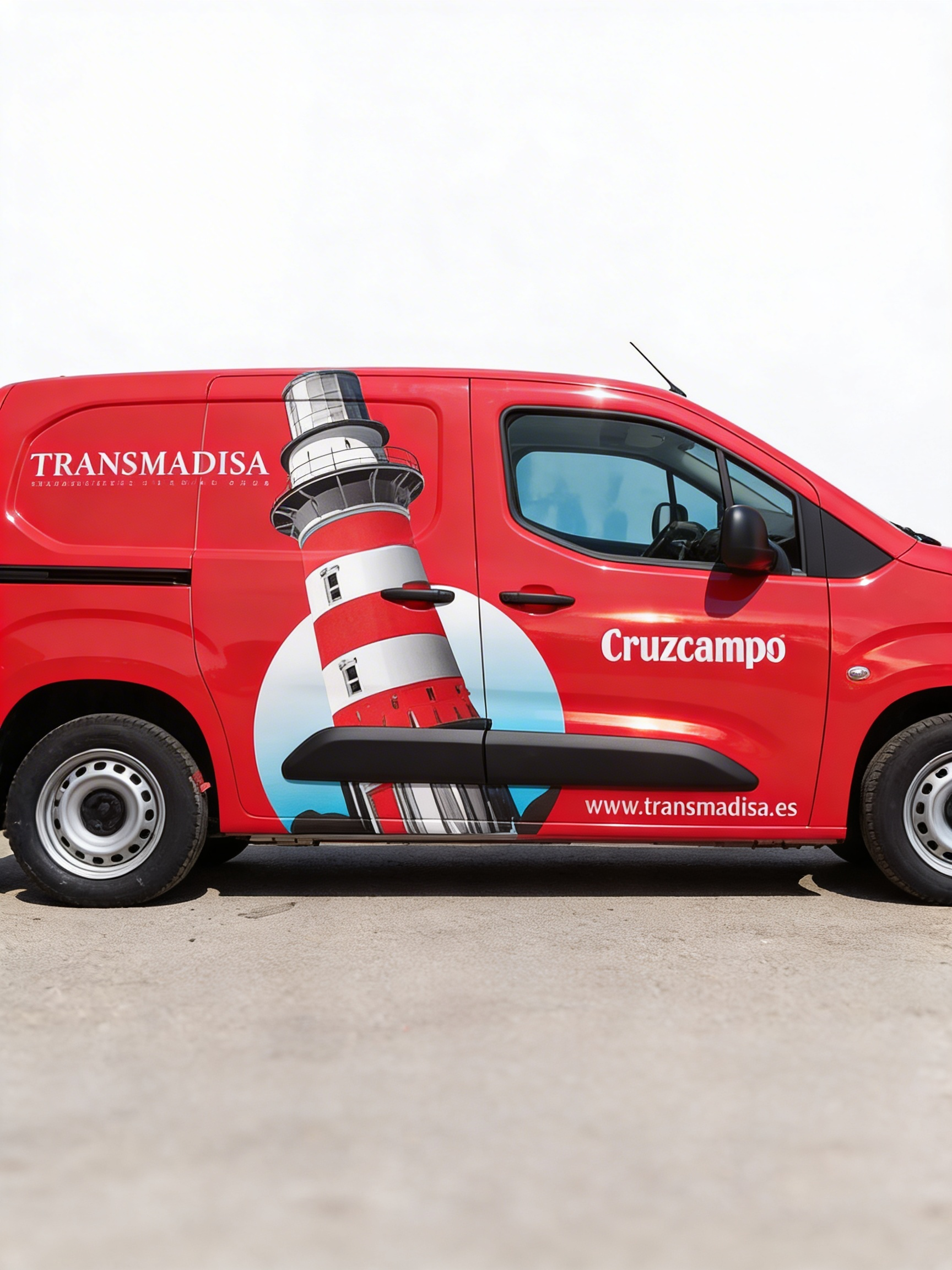 Este es un vehículo de reparto rojo con una ilustración de un faro en el lateral y textos promocionales, incluyendo la página web www.transmadisa.es y los nombres Transmadisa y Cruzcampo.