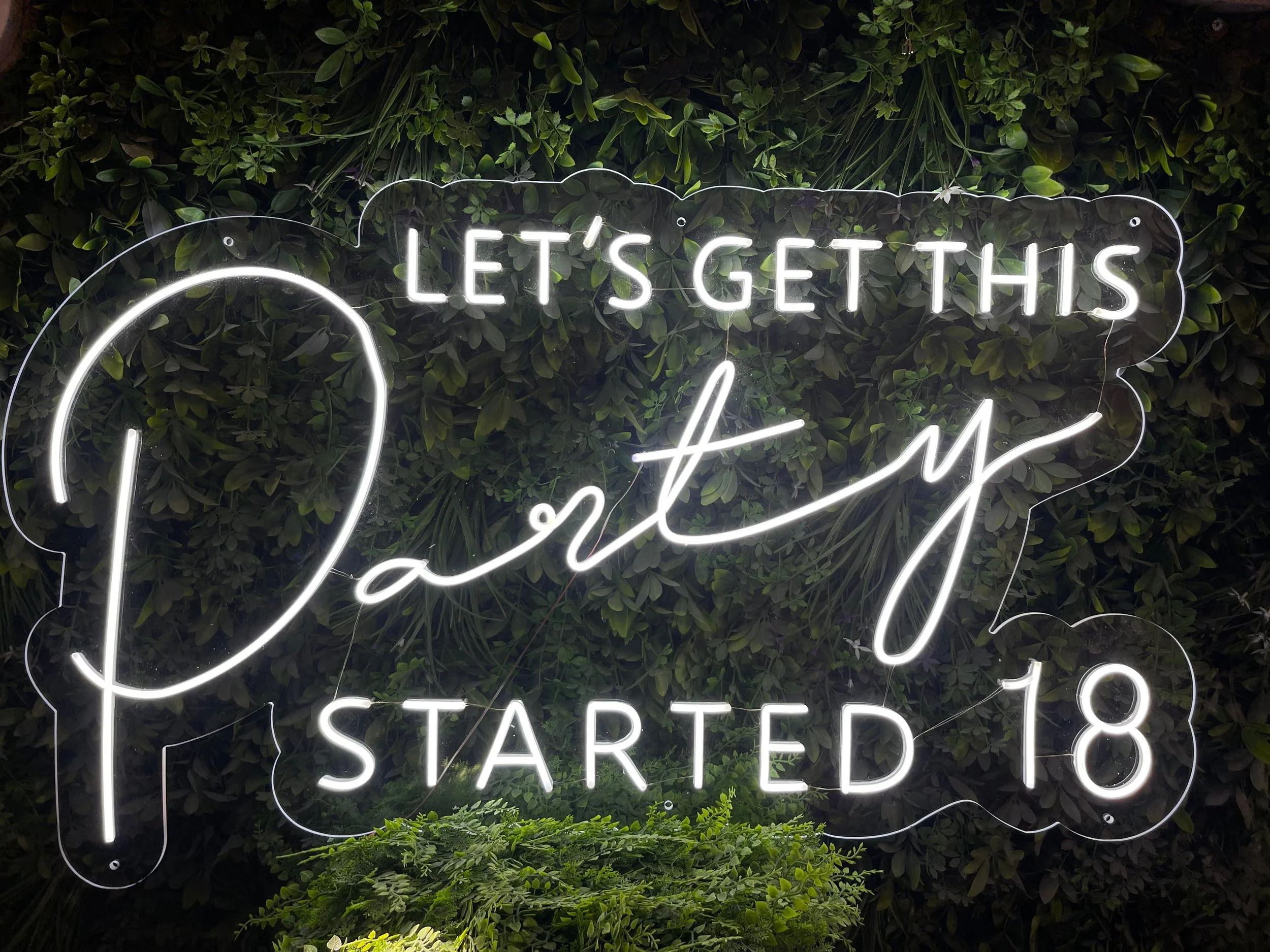 Se puede ver un cartel de neón con la frase "Let's Get This Started" y un fondo de hojas verdes.