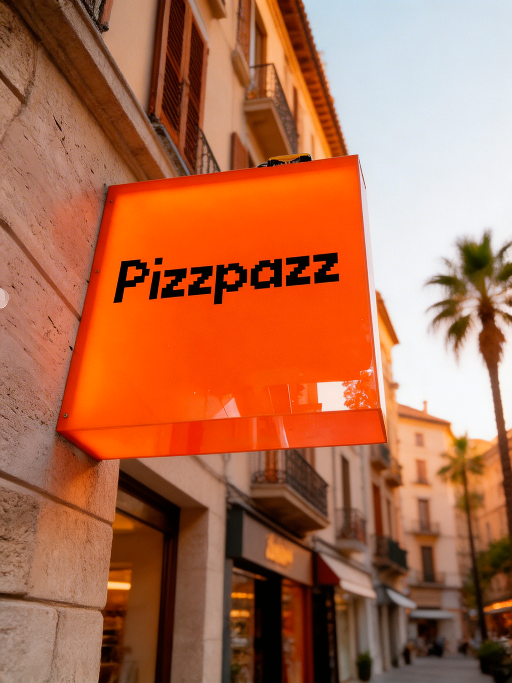 Aviso luminario naranja con la palabra 'Pizzpazz' en letras pixeladas negras, en una calle con edificios y palmeras.