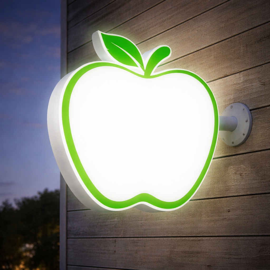 Letrero de luz en forma de manzana con borde verde y hojas, colocado en una pared de madera.
