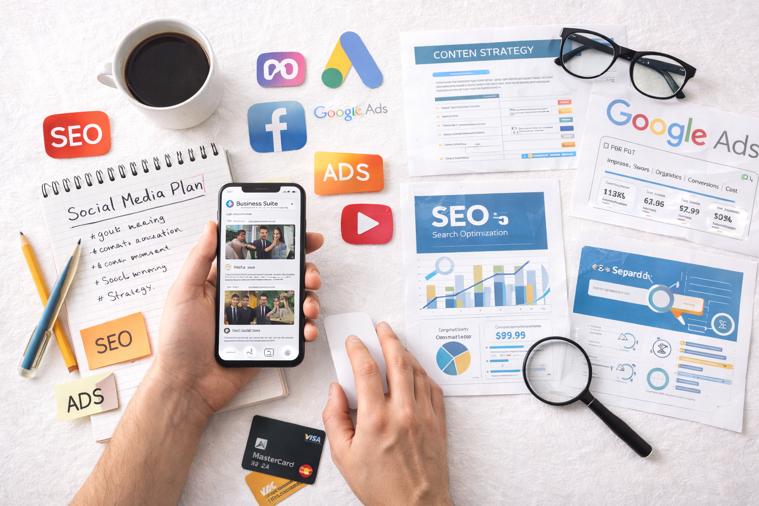 Mesa con notas, gráficos, una taza de café, gafas, una mano con teléfono mostrando contenido de negocios y etiquetas relacionadas con SEO, anuncios y redes sociales.