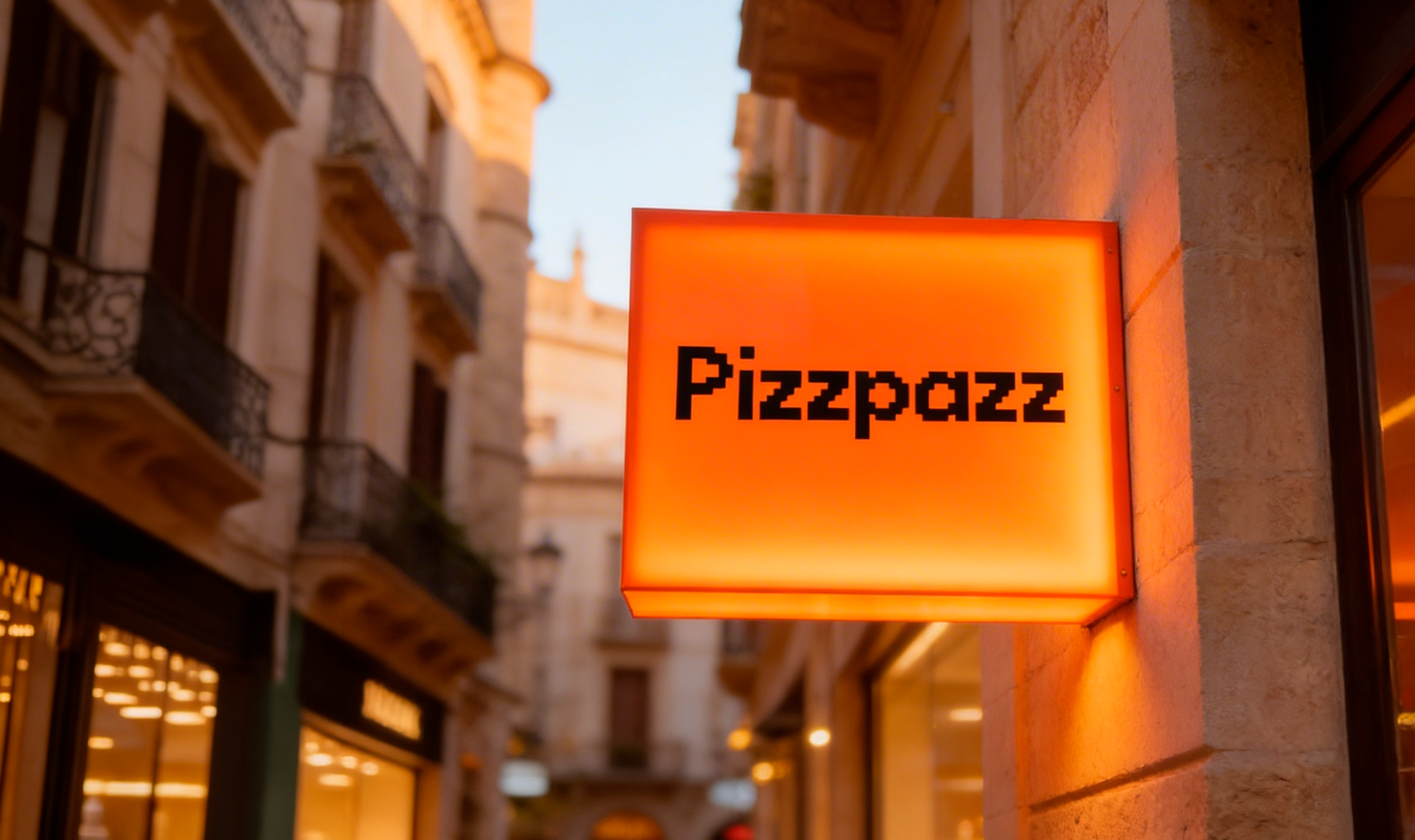 Rótulo iluminado de color naranja que dice 'Pizzazz' en letras negras en una calle con edificios de estilo europeo en el fondo.