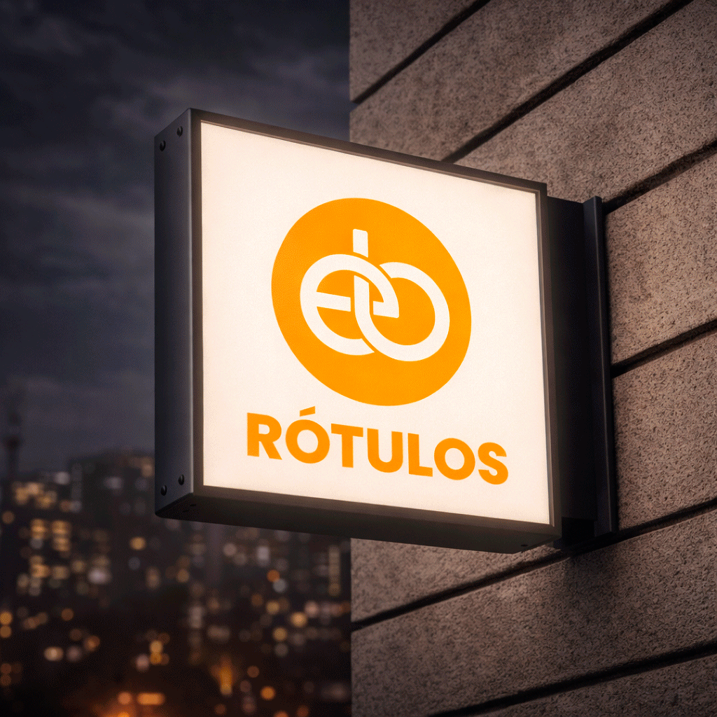 Letrero iluminado con la palabra 'RÓTULOS' en color naranja y un símbolo de identificación o logo en color naranja sobre fondo blanco, montado en la pared de un edificio en la noche.