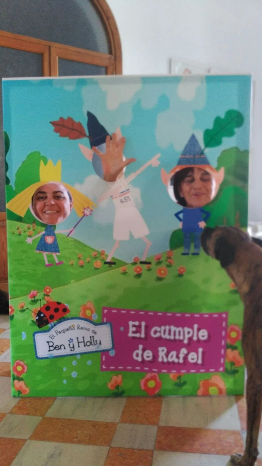 Cartel decorativo con caras de personas en recortes, en un fondo de ilustraciones infantiles con figuras y naturaleza, que celebra el cumpleaños de Rafel.