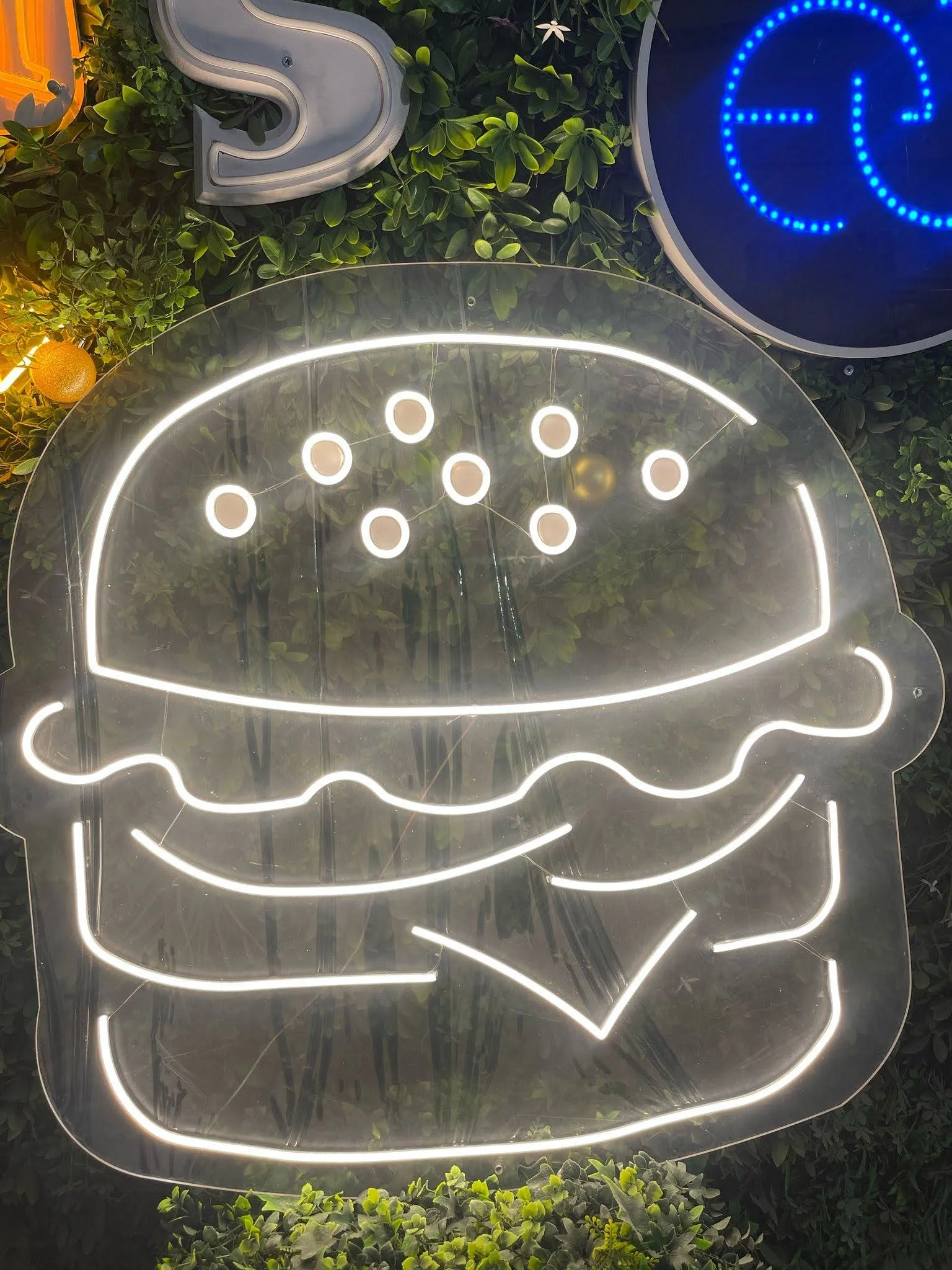 Letras de neón en forma de antipsicótico en un fondo de plantas verdes con luces de colores.