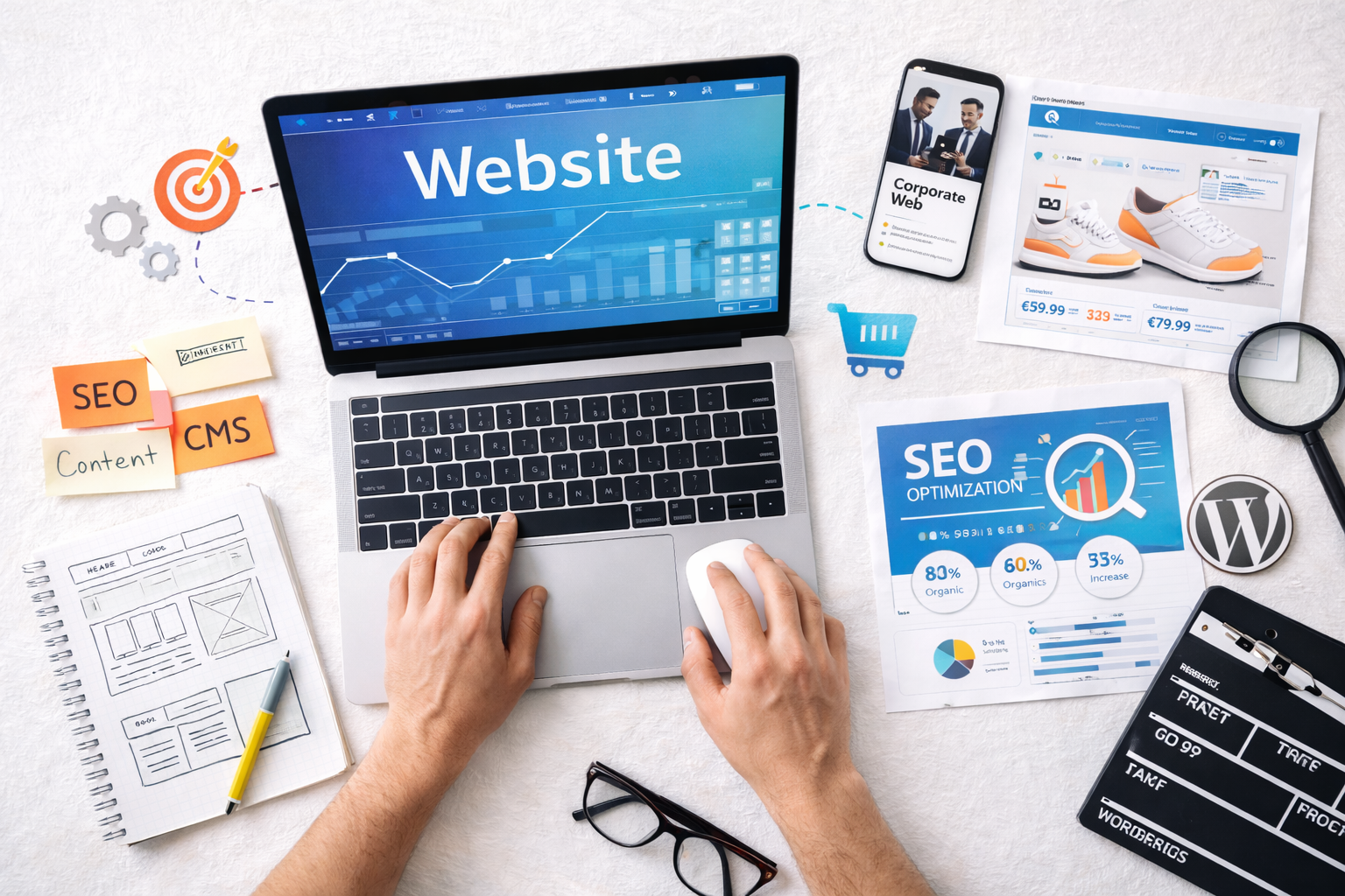 Escritorio con laptop, notas, gafas, teléfono inteligente, catálogos y anuncios relacionados con SEO, marketing digital y comercio electrónico.