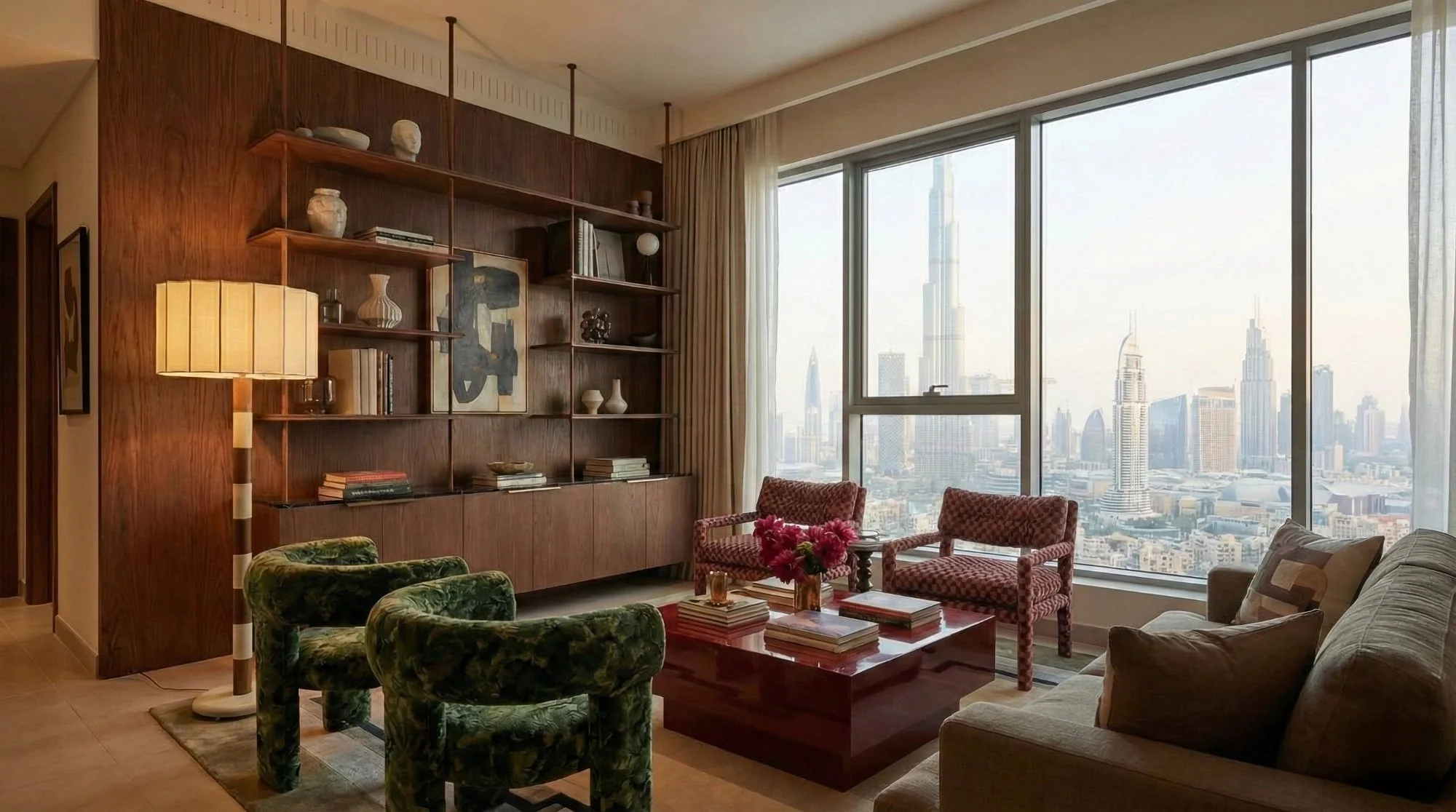 Living room with large window showing a city skyline with skyscrapers, including the Burj Khalifa. The room has a wooden wall with shelving holding decorative items and books. There's a sofa, patterned armchairs, a coffee table with books and flowers