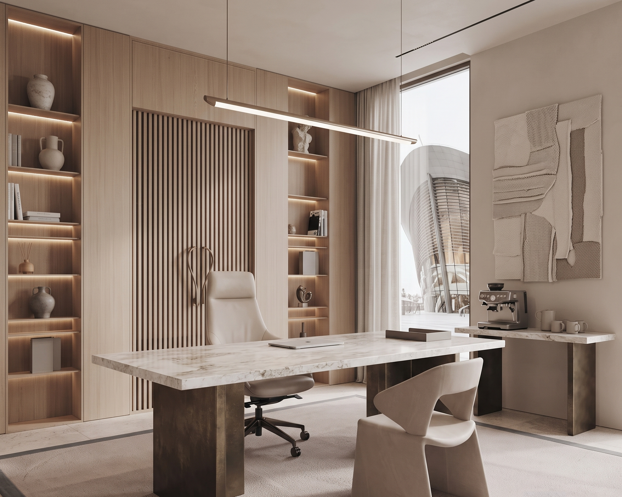 Modern office with a white marble desk, beige chairs, built-in wooden bookshelves with decorative vases and books, large window with curtains, abstract wall art, and a coffee machine.