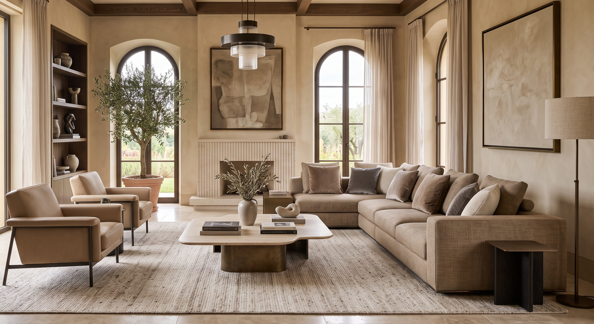 A spacious, modern living room with beige and taupe furnishings, a fireplace, large arched windows, a coffee table with decorative items, and a wall with artwork and built-in bookshelves.