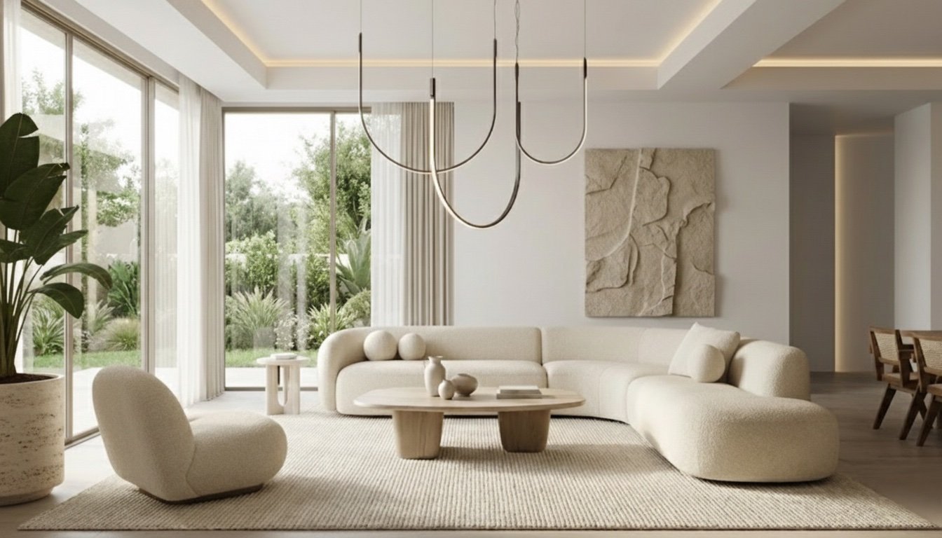 Modern living room with white sofa, round chair, wooden coffee table, potted plant, large windows with white curtains, and garden view designed by Studio 48 Interiors.