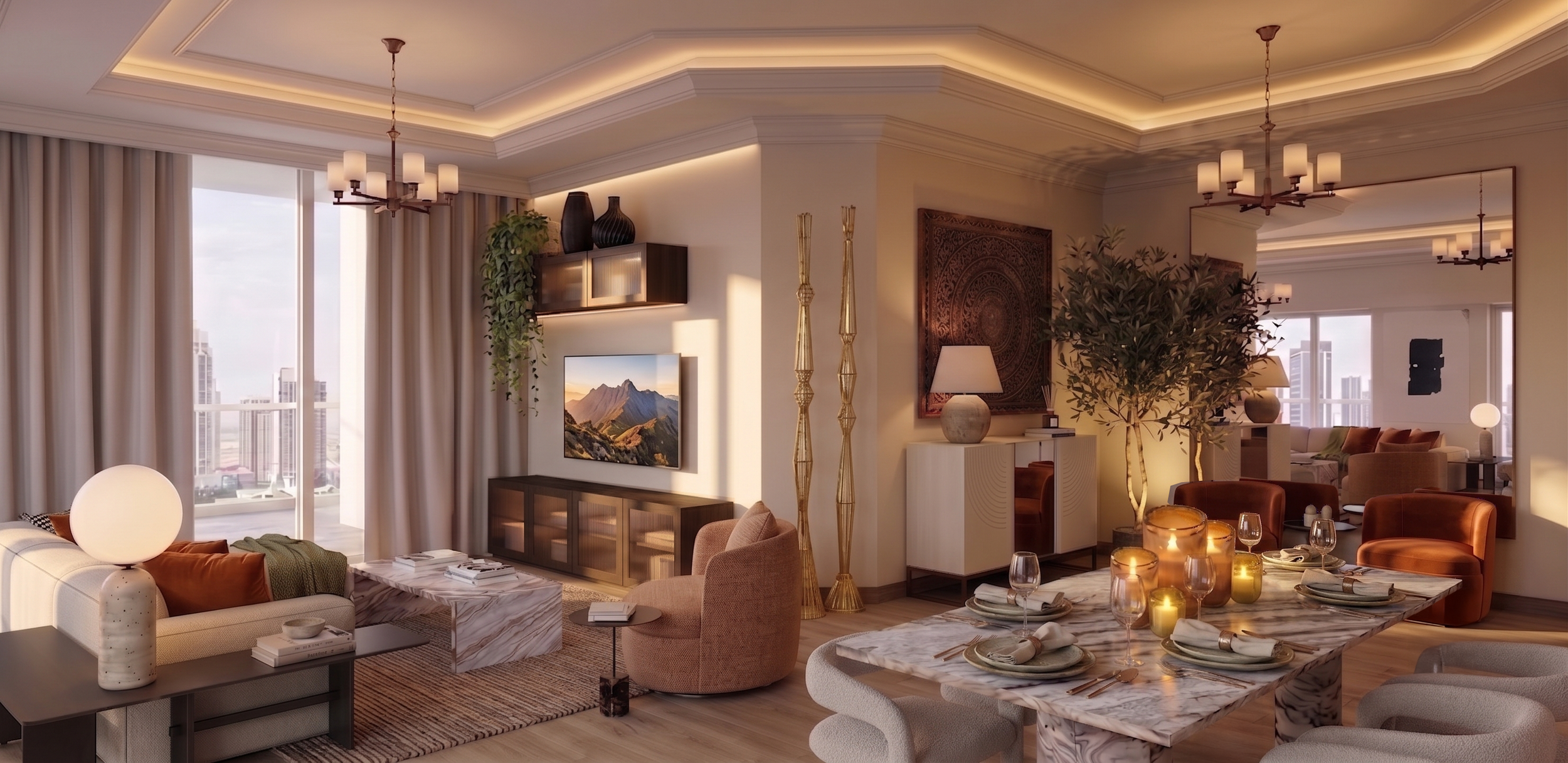 Open plan living room with large windows, beige curtains, and city view. Decor includes wall art, lamps, vases, plants, and a flat-screen TV. Dining area with a marble table designed by studio48 interiors
