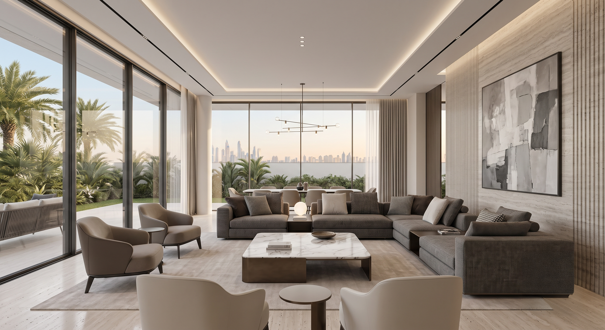 Modern living room with large floor-to-ceiling windows overlooking a city skyline and lush greenery, furnished with neutral-colored sofas, armchairs, and a marble coffee table, featuring minimalist decor and contemporary lighting fixtures.