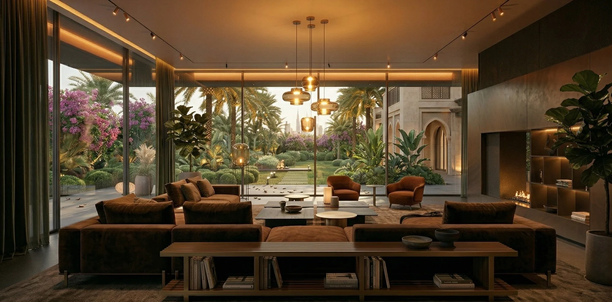 Palm Jumeriah living room with large glass windows overlooking a landscaped garden with palm trees and pink flowering bushes, furnished with brown sofas, matching armchairs, and modern hanging pendant lights designed by Studio 48 Interiors.