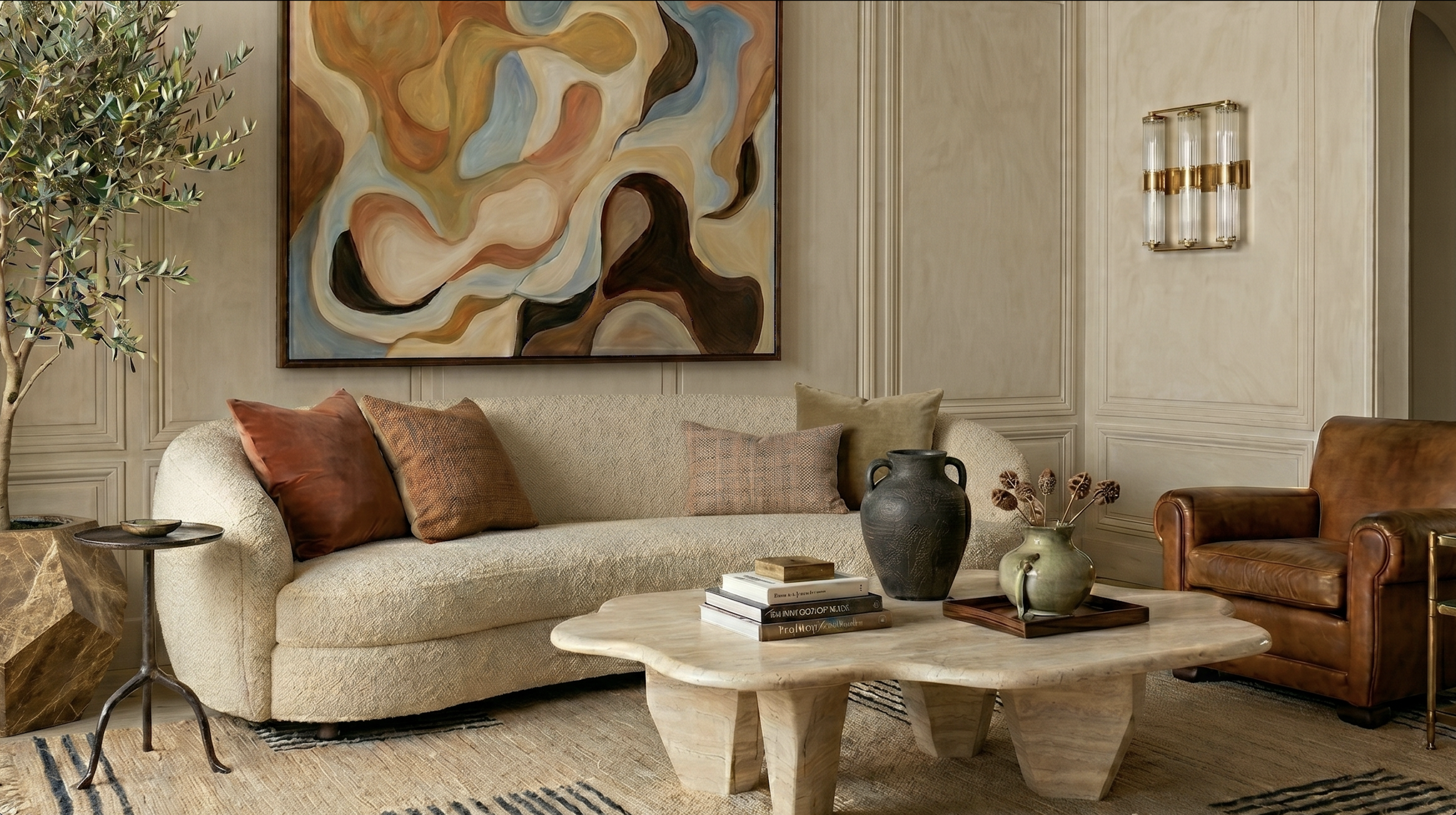 A living room with beige walls and paneling, decorated with an abstract wall art piece. There's a beige sofa with rust-colored pillows, a glass-top coffee table with books and decorative vases, a leather armchair, and a side table. A potted plant is 