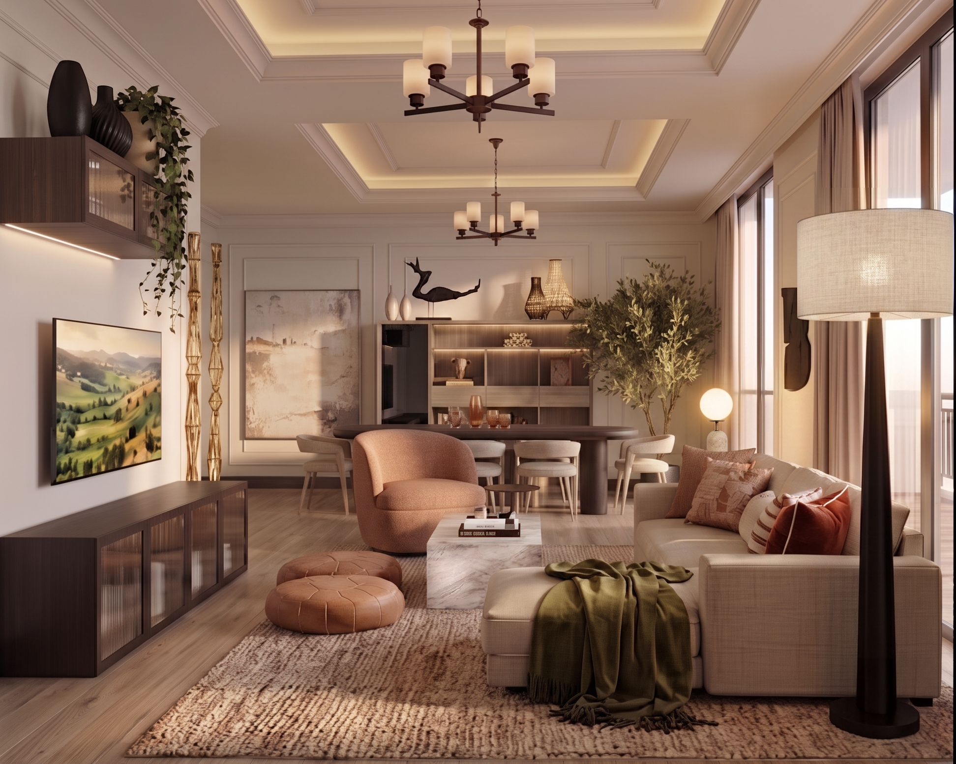 Modern living room with beige sofas, a round dining table with chairs, and a wall-mounted TV. Decor includes artwork, vases, plants, and a chandelier. Warm lighting and large windows with curtains designed by Studio 48 Interiors.