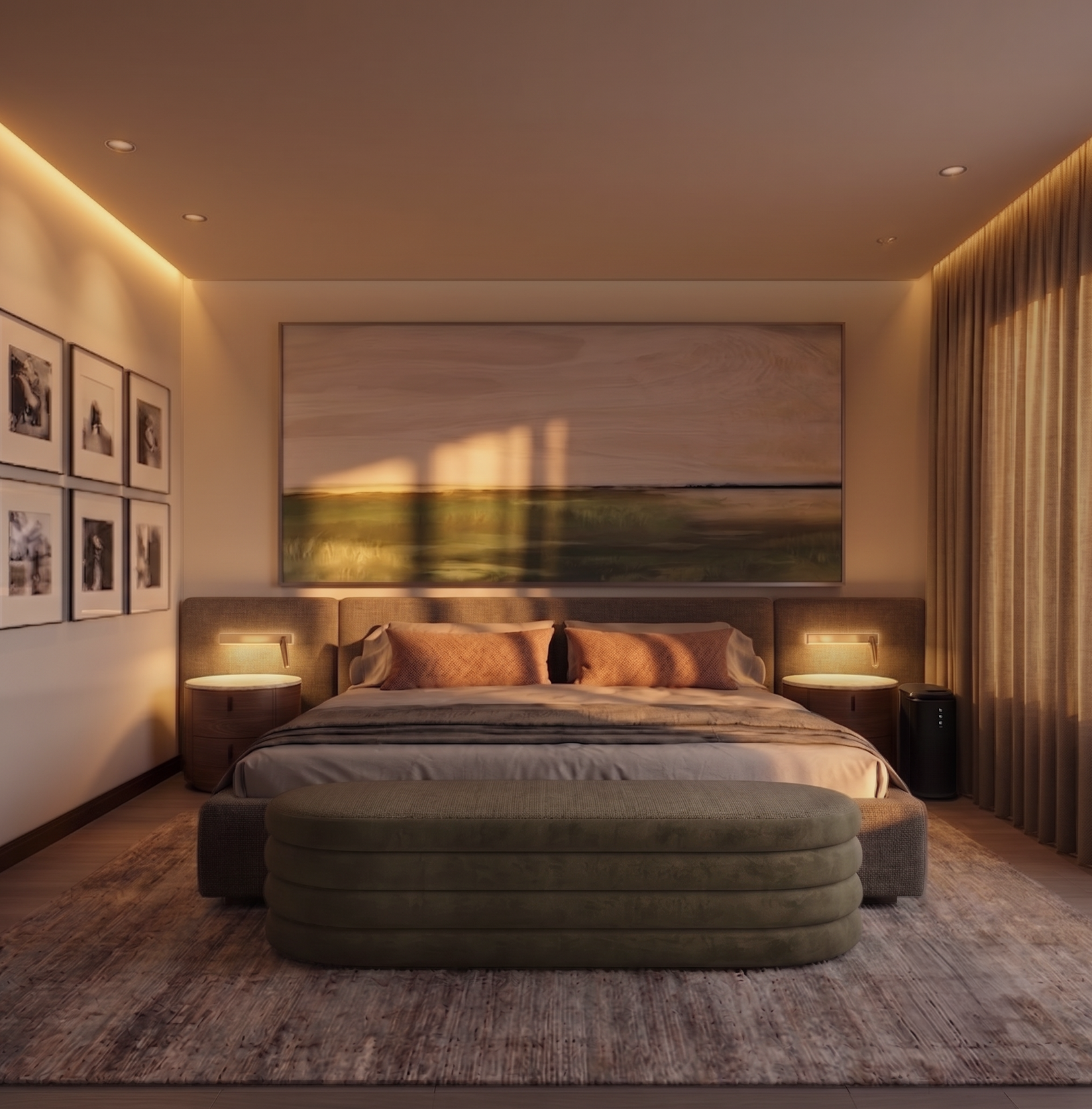 Modern bedroom with a large bed, beige headboard, two bedside tables with lamps, wall art including a large landscape painting, framed photographs, a plush ottoman at the foot of the bed, and curtains on the window designed by Studio 48 Interiors.