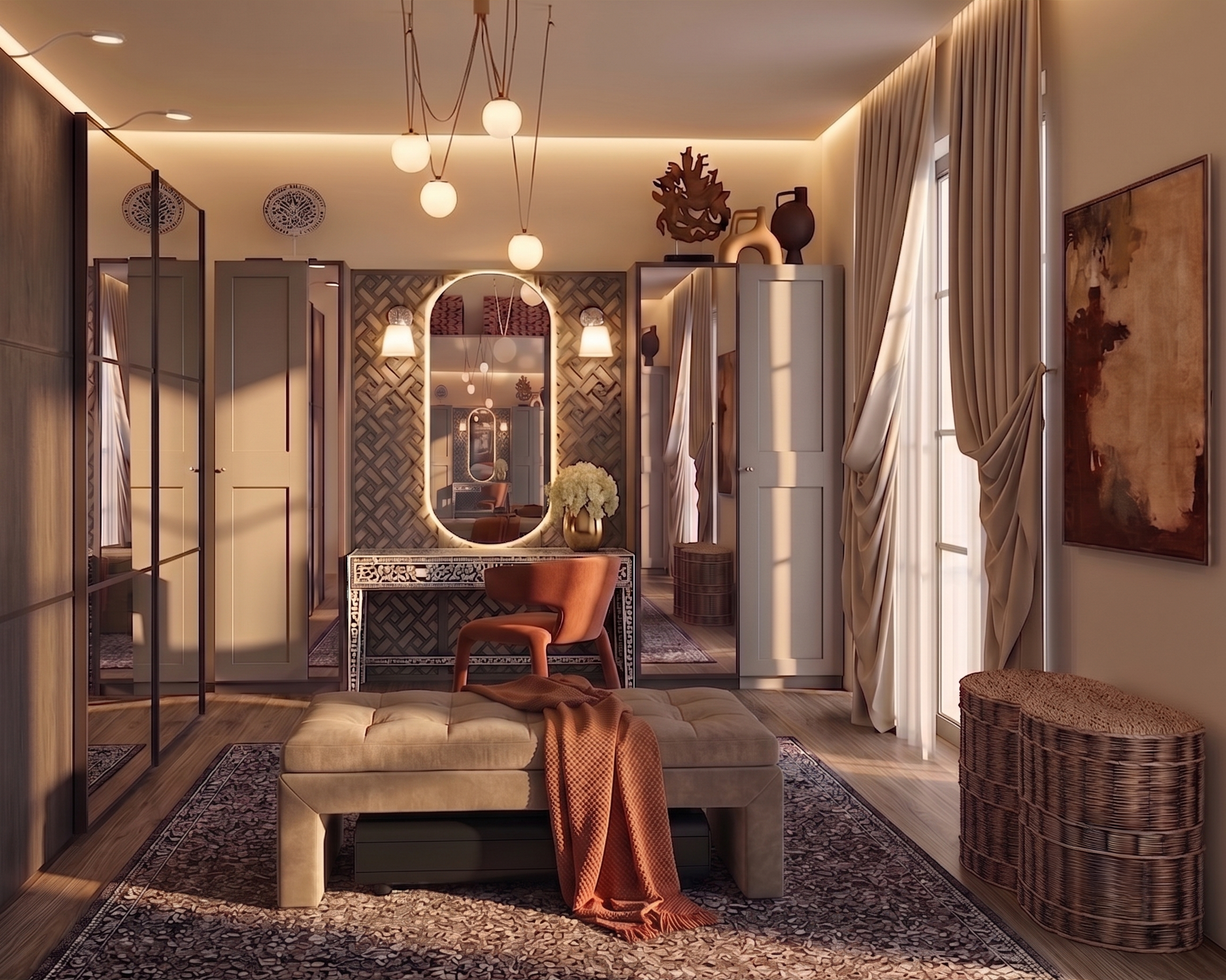 A cozy, modern wardrobe room with beige curtains, a large mirror with backlit frame, warm lighting fixtures and sculptures on top of cabinets, a patterned rug, and an upholstered bench with a blanket draped over it designed by Studio48 interiors