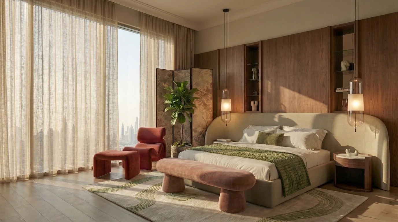 Modern layered bedroom with custom headboard bed, green blanket, pink benches, terracotta chair, sculptural divider, tall plant, and city skyline view through large window with sheer curtains designed by Studio 48 Interiors.