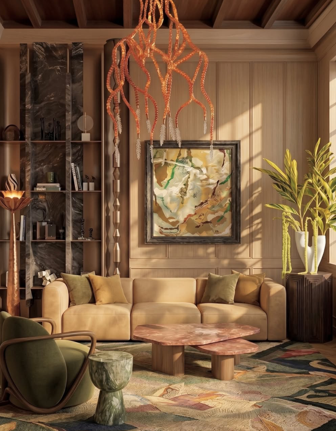 Living room with beige sofa, green and beige pillows, abstract paintings, a modern chandelier, and a large potted plant with yellow-green leaves designed by Studio 48 Interiors.