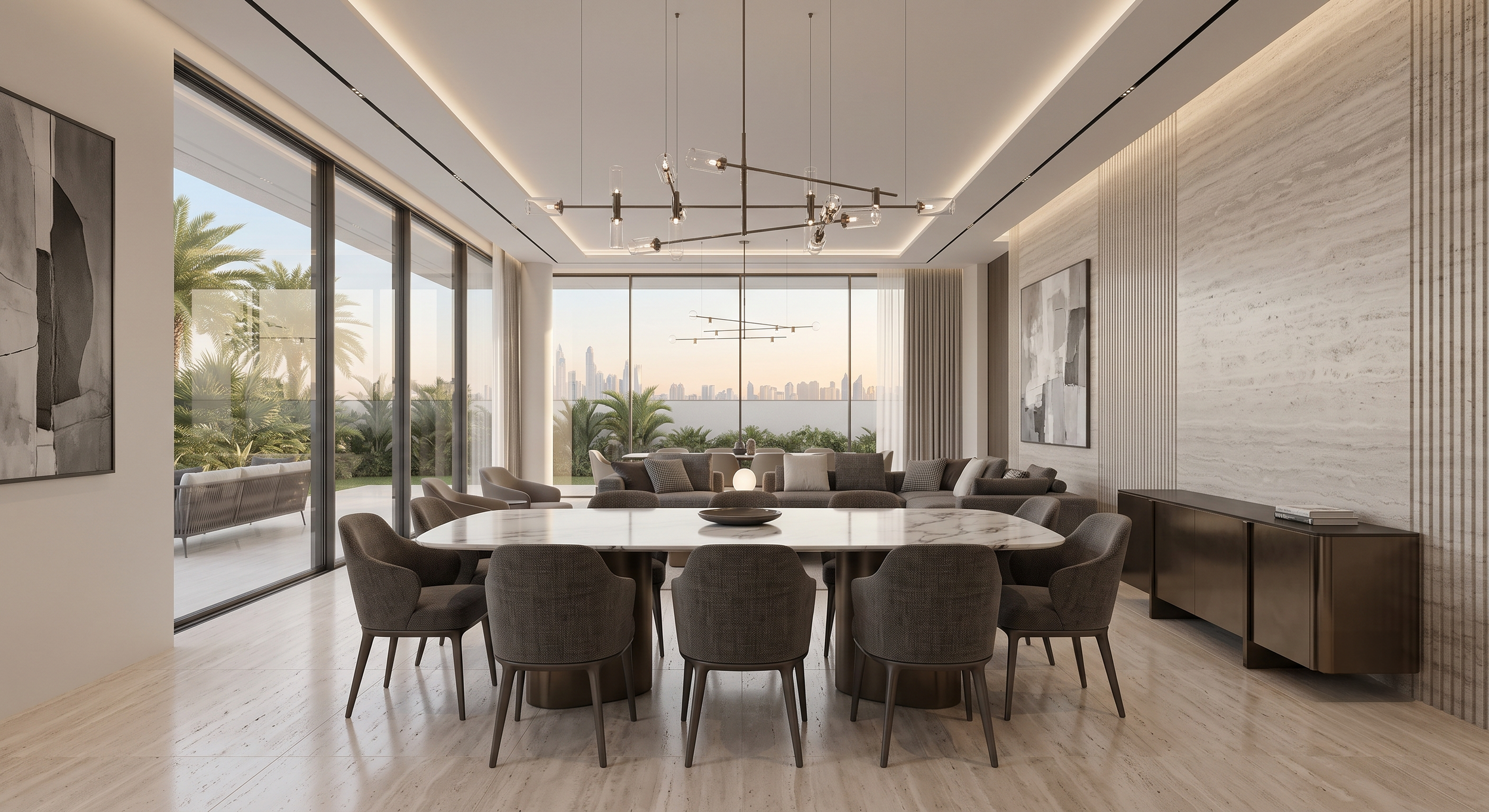 Modern living room with large glass windows, city view, round dining table, and contemporary chandelier.