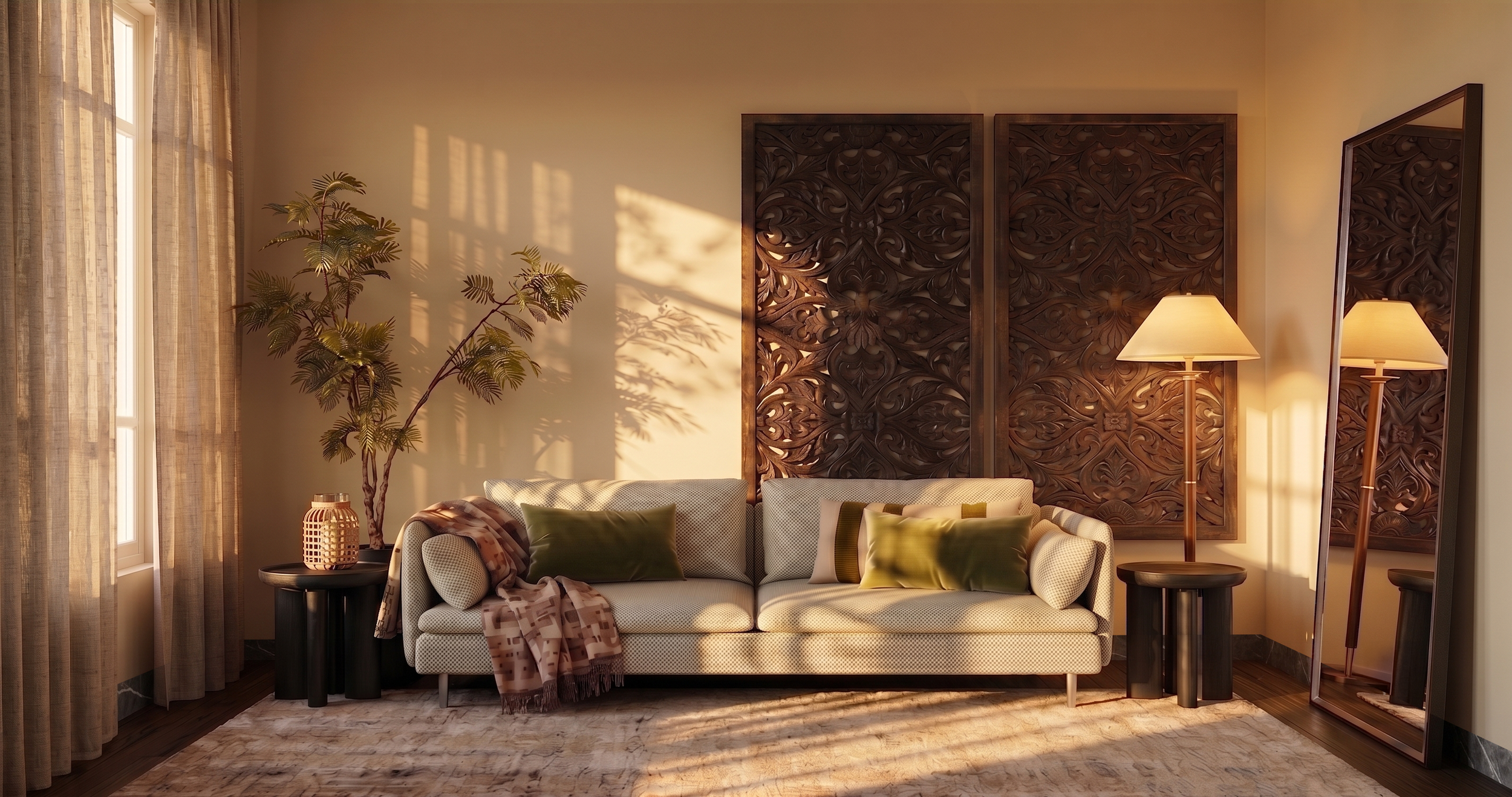 Guest Room beige sofa, green and beige pillows, a wooden headboard with intricate carvings, a potted plant, two floor lamps, a mirror, and a window with beige curtains design by studio 48 interiors.