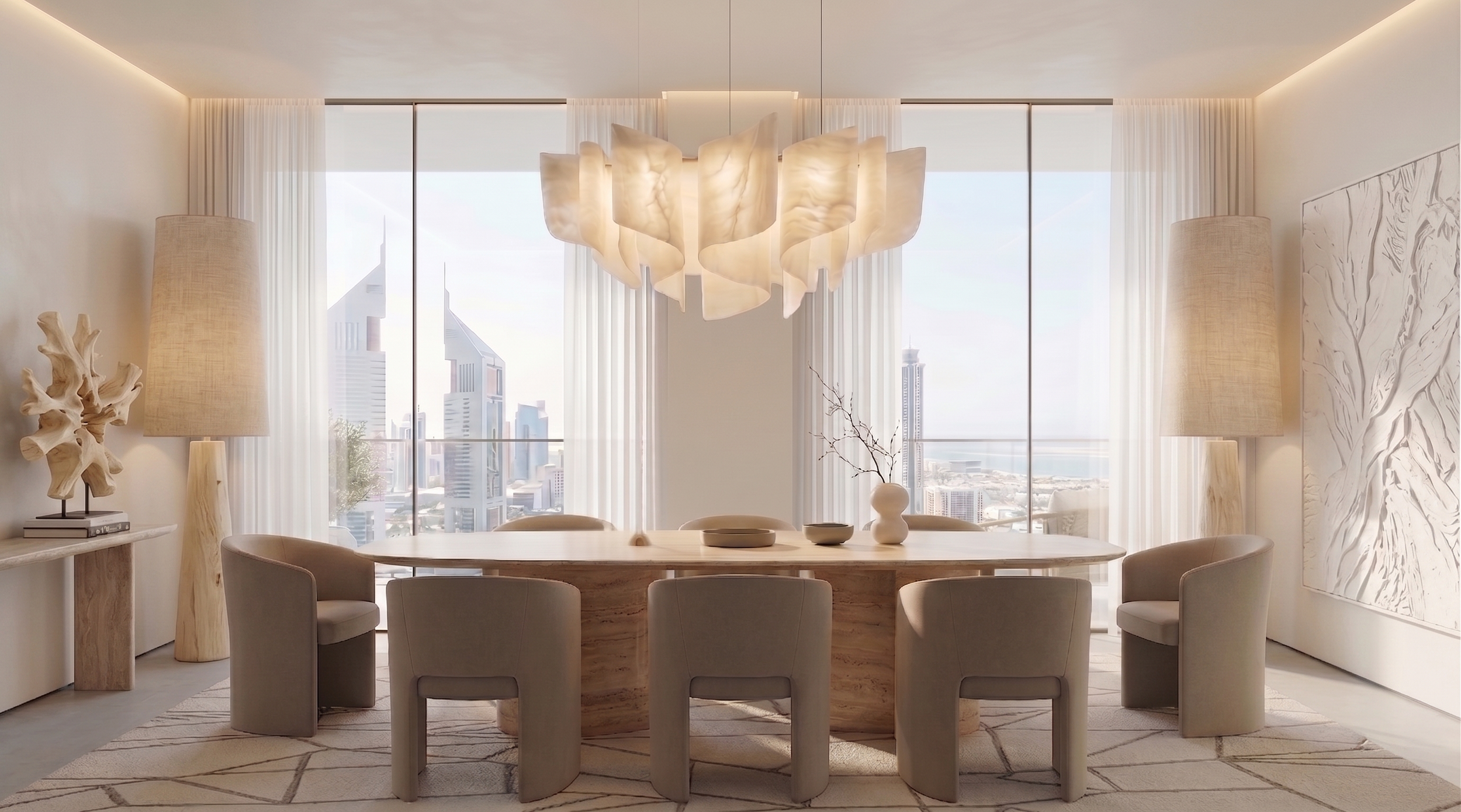 Modern dining room with beige chairs, light wood table and sculptural chandelier designed by Studio48 interiors