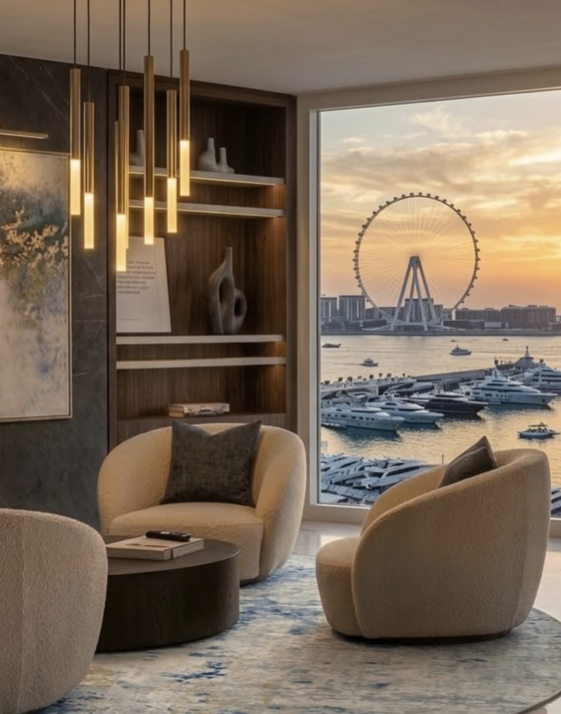 JBR modern living room with beige armchairs and a round coffee table, sculptural chandelier, abstract artwork designed by Studio 48 Interiors.