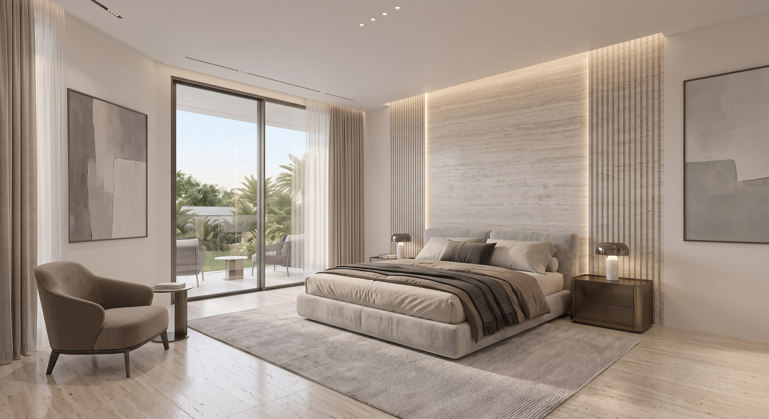 Modern bedroom with large glass sliding door leading to a balcony, featuring a comfortable bed, nightstands with lamps, abstract wall art, and neutral decor.