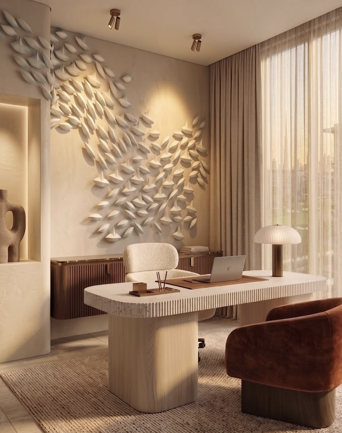 Dubai hills modern office with a white textured desk, a beige chair, a brown upholstered armchair, decorative wall art resembling abstract leaves, a table lamp, and large windows with sheer curtains in warm, neutral tones designed by Studio 48.