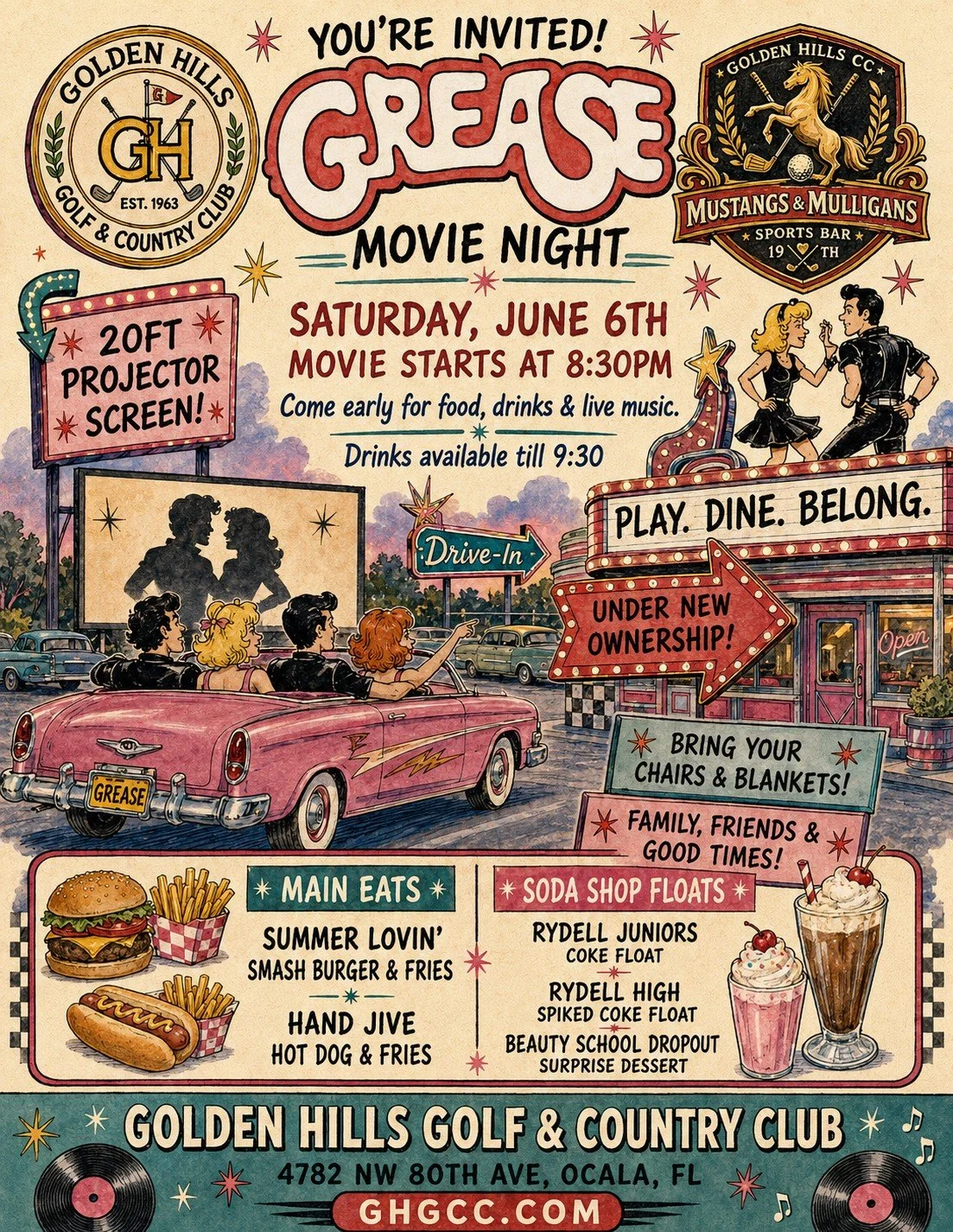 Watch GREASE with us on the Clubhouse Lawn!