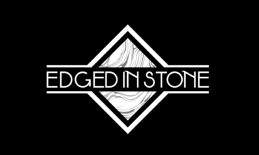 Black background with a white diamond-shaped logo featuring a mountain silhouette and the text "EDGED IN STONE" in the center.